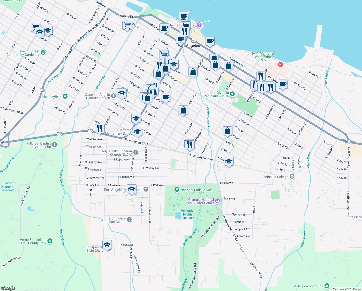 map of restaurants, bars, coffee shops, grocery stores, and more near 606 E 11th St in Port Angeles