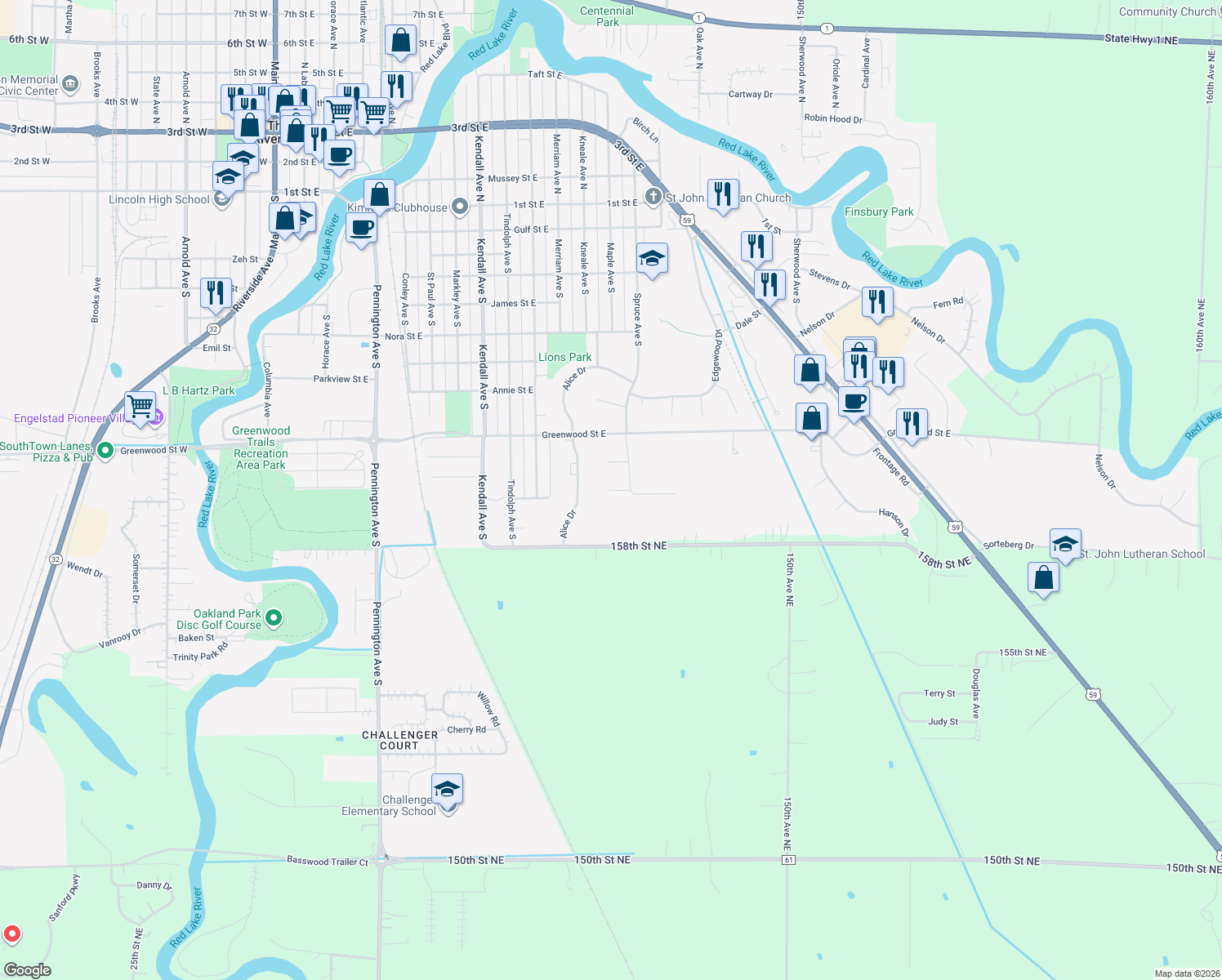 map of restaurants, bars, coffee shops, grocery stores, and more near 110 Woodland Court in Thief River Falls