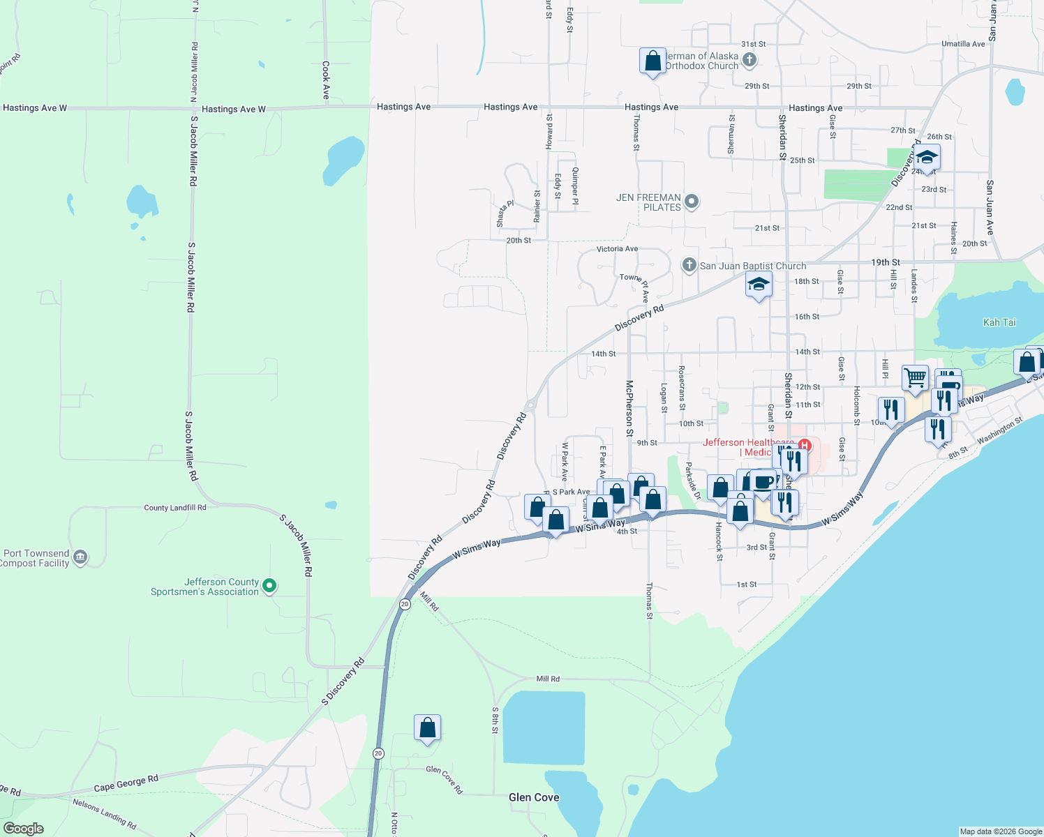 map of restaurants, bars, coffee shops, grocery stores, and more near 2525 Discovery Road in Port Townsend