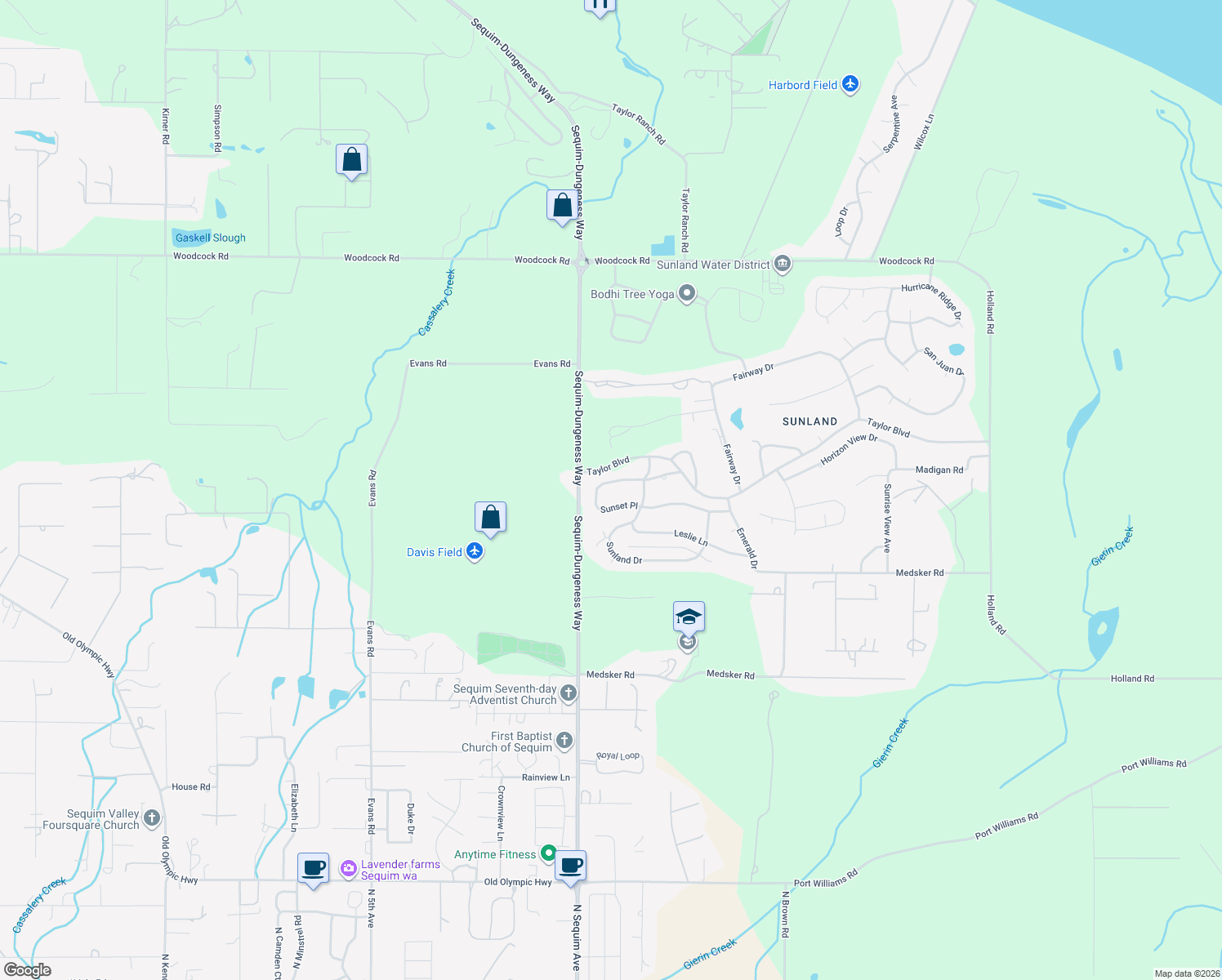 map of restaurants, bars, coffee shops, grocery stores, and more near 133 Sunset Place in Sequim