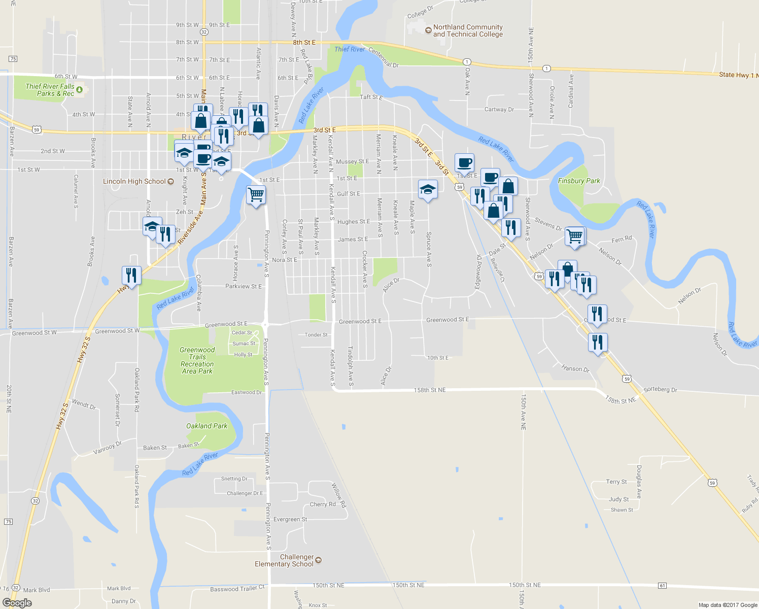 map of restaurants, bars, coffee shops, grocery stores, and more near 827 Alice Drive in Thief River Falls