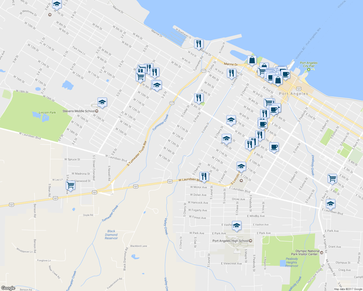 map of restaurants, bars, coffee shops, grocery stores, and more near 437 West 13th Street in Port Angeles