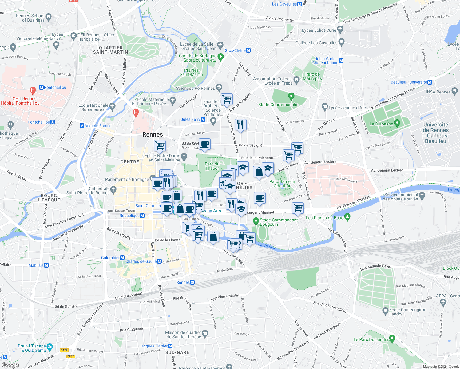 map of restaurants, bars, coffee shops, grocery stores, and more near 39 Rue de Paris in Rennes