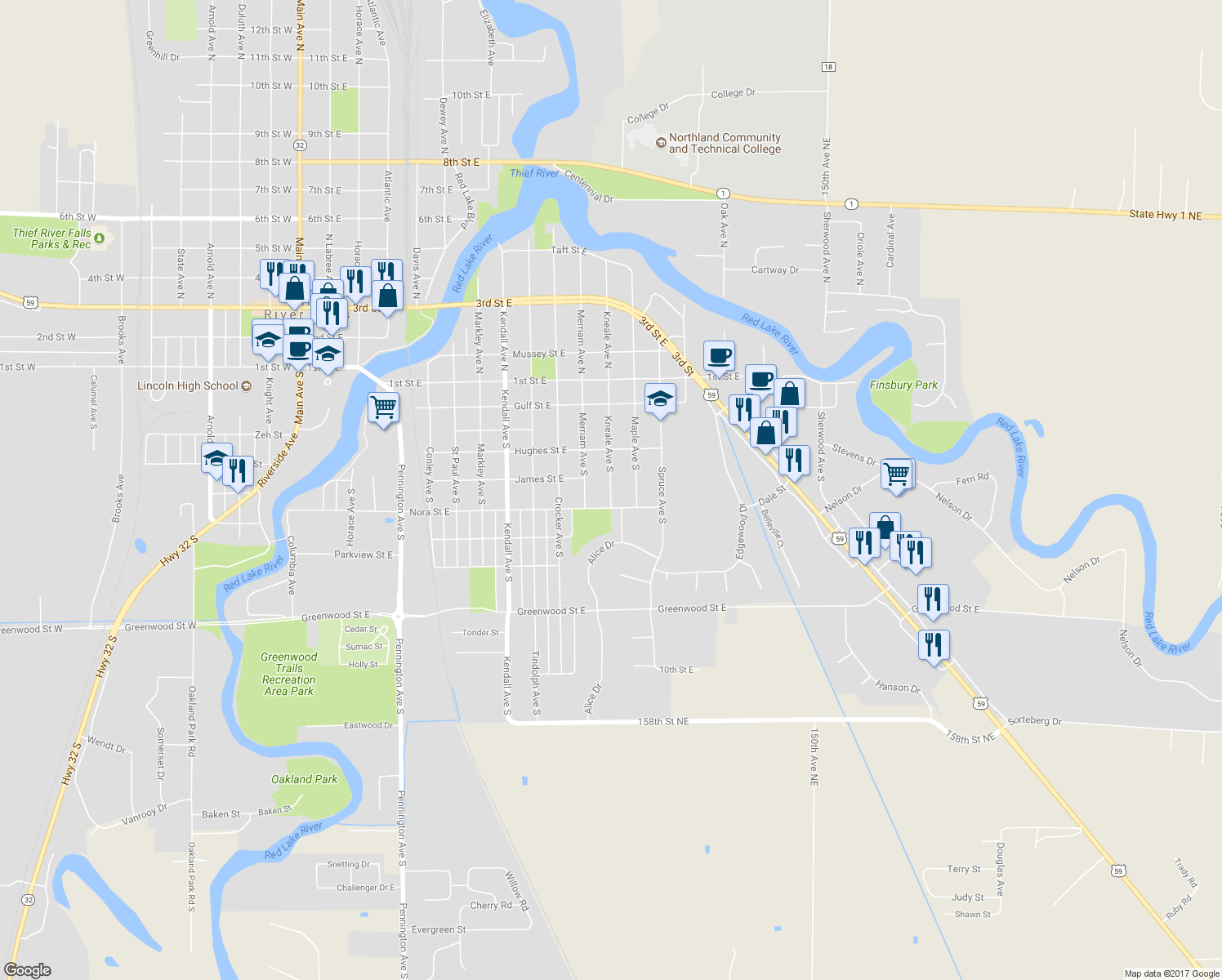 map of restaurants, bars, coffee shops, grocery stores, and more near 526 Kneale Avenue South in Thief River Falls