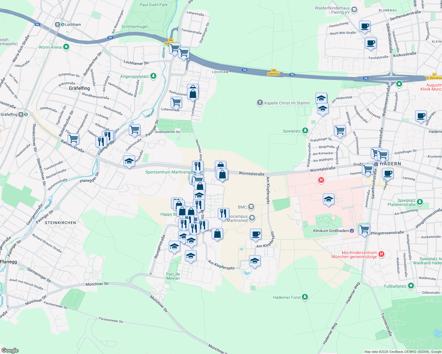 map of restaurants, bars, coffee shops, grocery stores, and more near 46 Lena-Christ-Straße in Planegg
