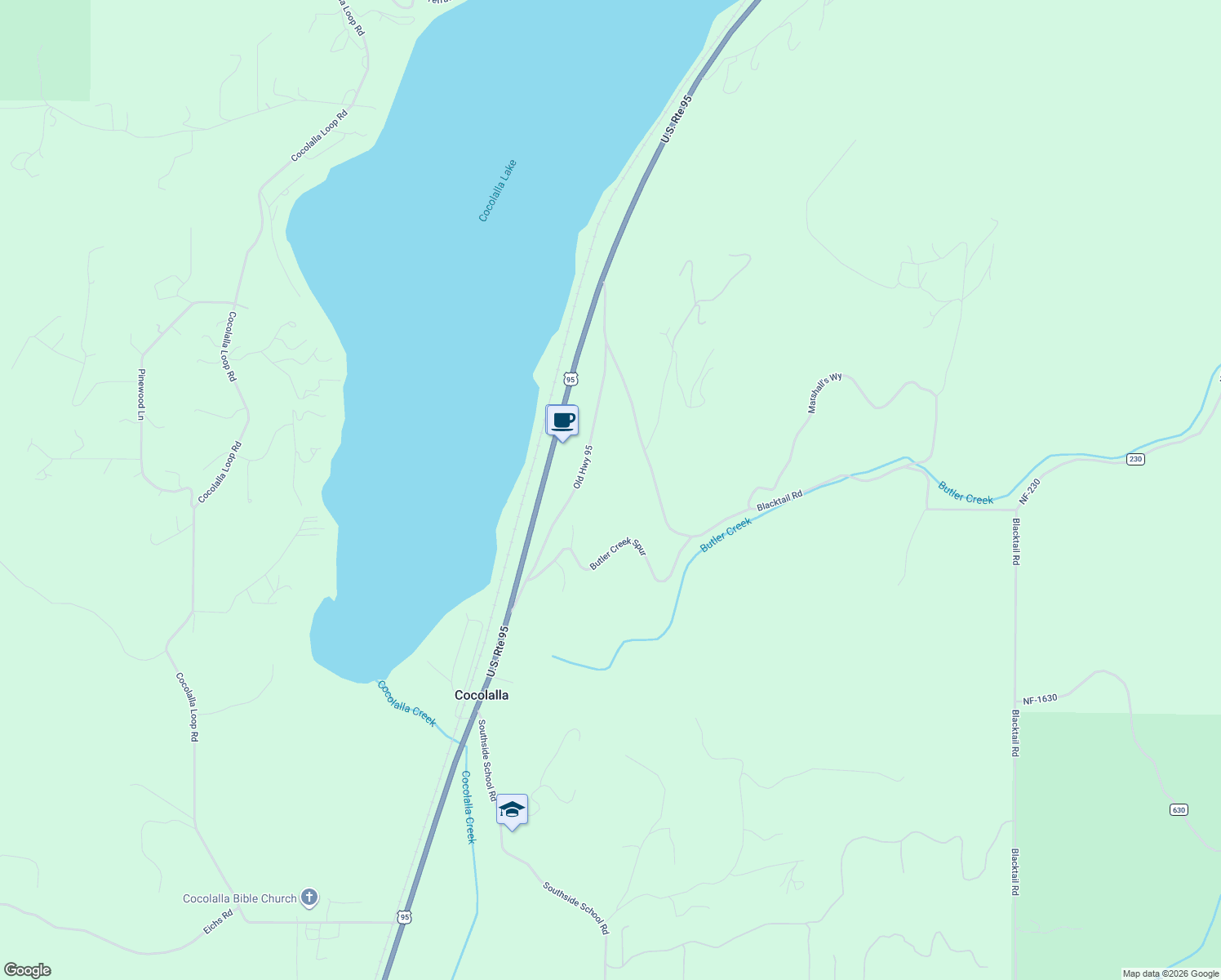 map of restaurants, bars, coffee shops, grocery stores, and more near 382 Blacktail Road in Cocolalla