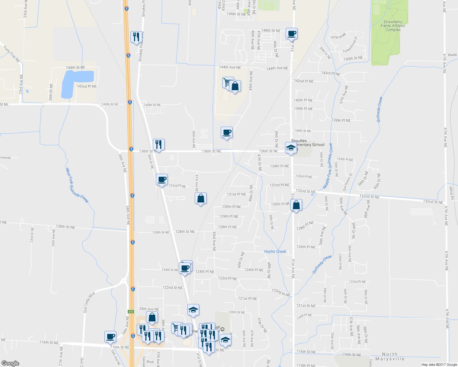 map of restaurants, bars, coffee shops, grocery stores, and more near 13218 45th Avenue Northeast in Marysville