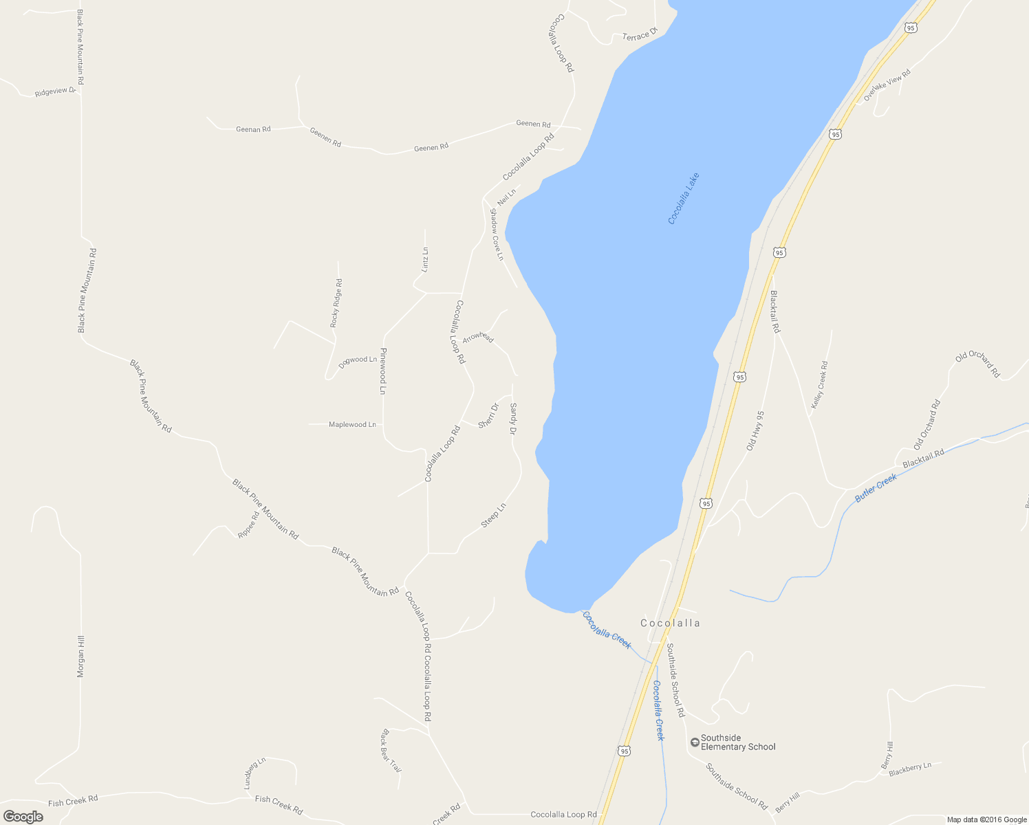 map of restaurants, bars, coffee shops, grocery stores, and more near Sandy Drive in Cocolalla