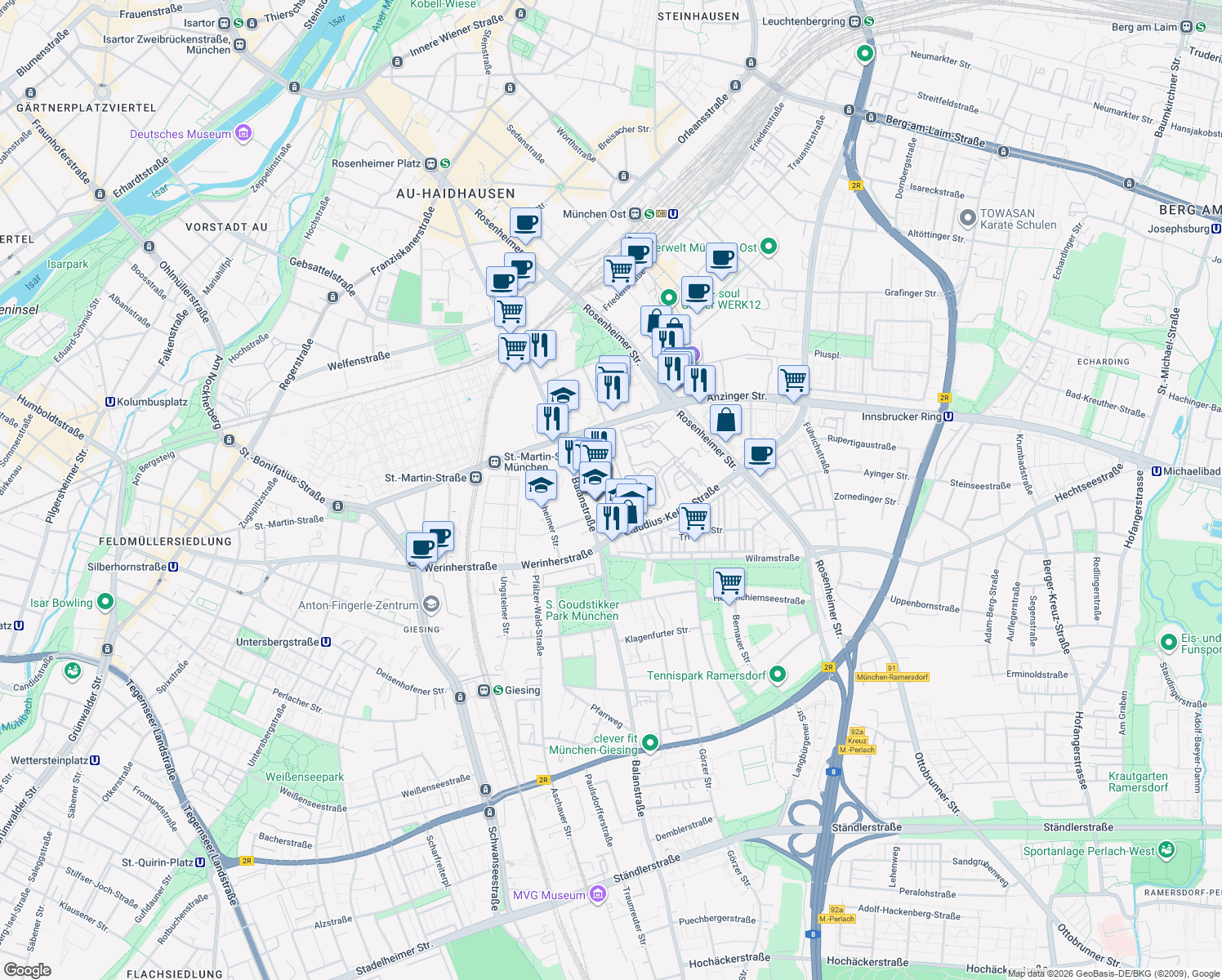 map of restaurants, bars, coffee shops, grocery stores, and more near 73 Balanstraße in München