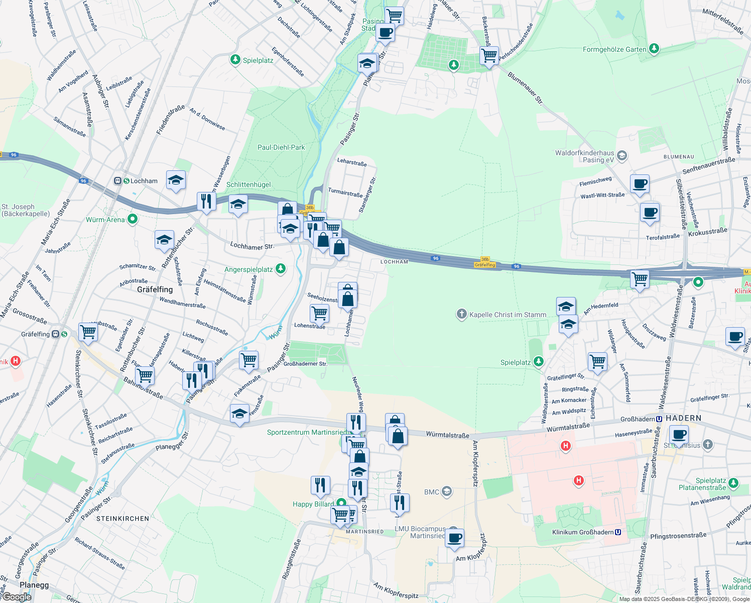 map of restaurants, bars, coffee shops, grocery stores, and more near 16 Am Haag in Gräfelfing