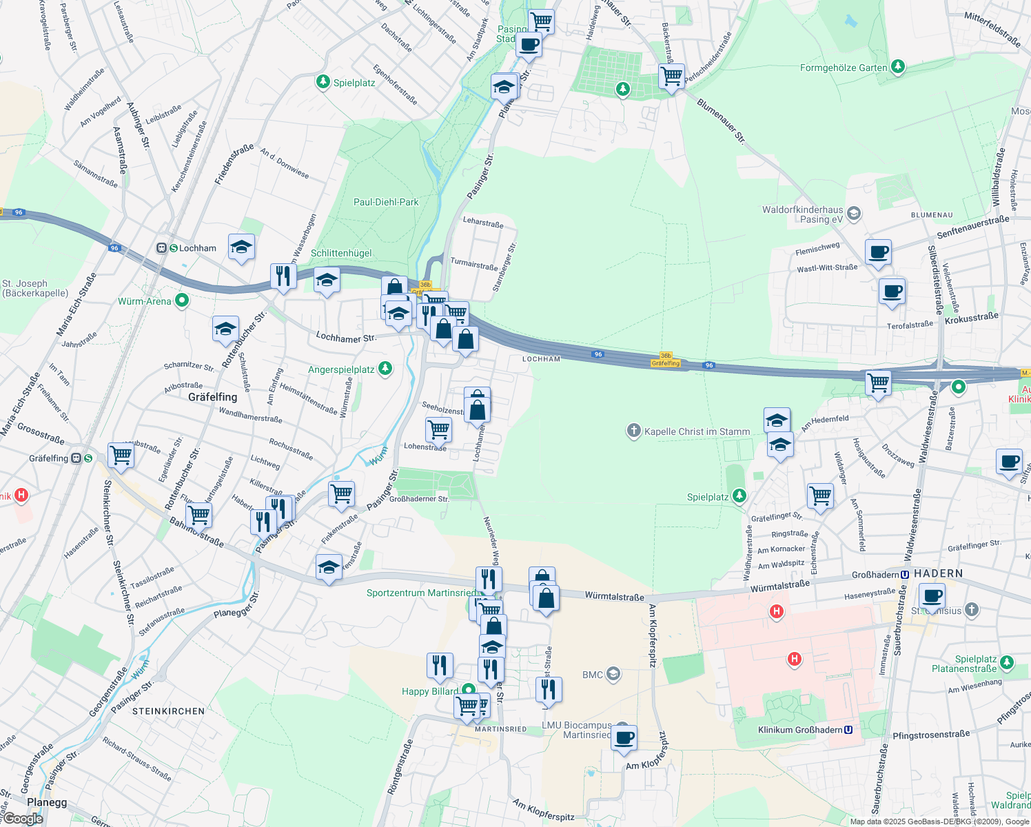 map of restaurants, bars, coffee shops, grocery stores, and more near 16 Am Haag in Gräfelfing