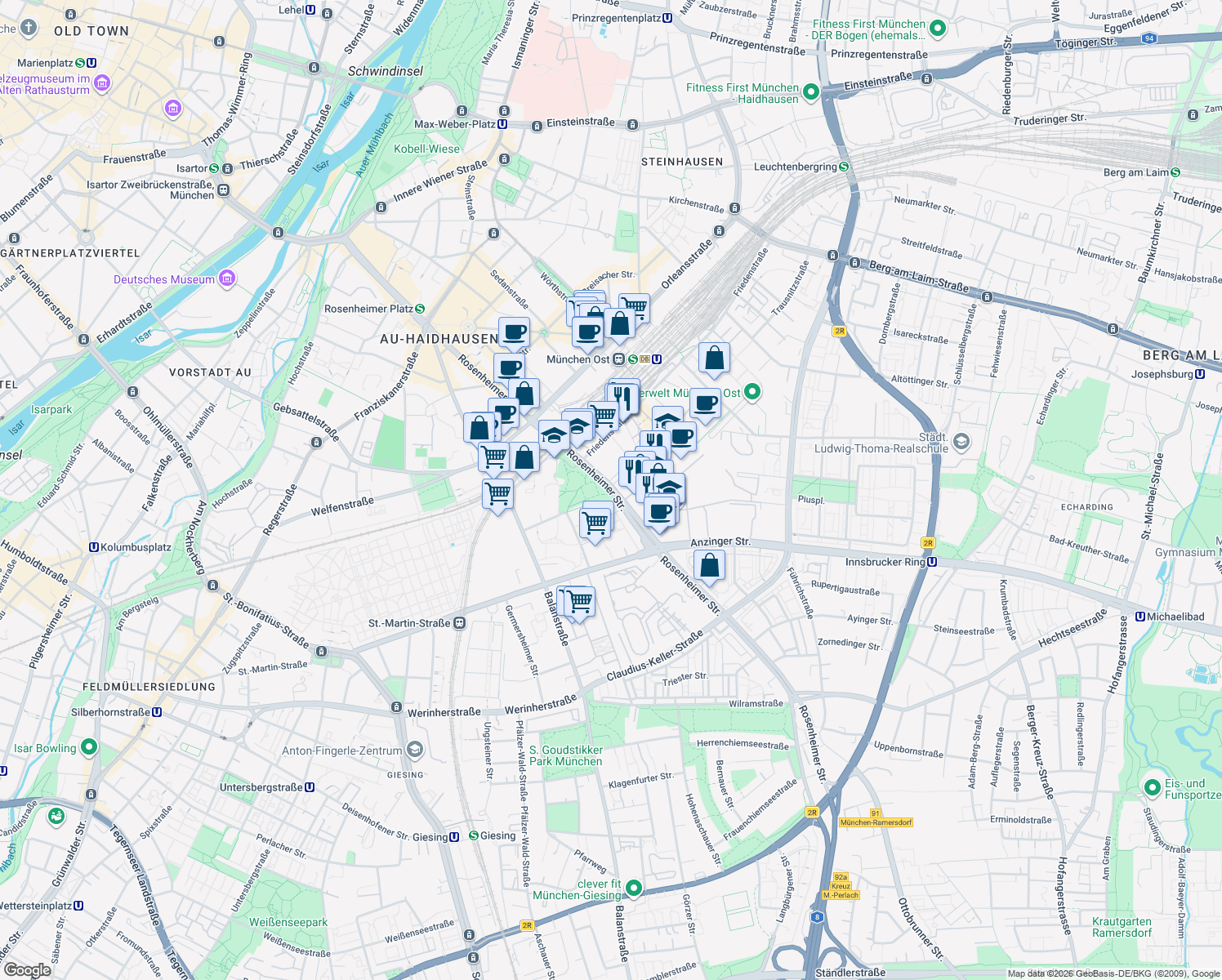 map of restaurants, bars, coffee shops, grocery stores, and more near Rosenheimer Straße in München