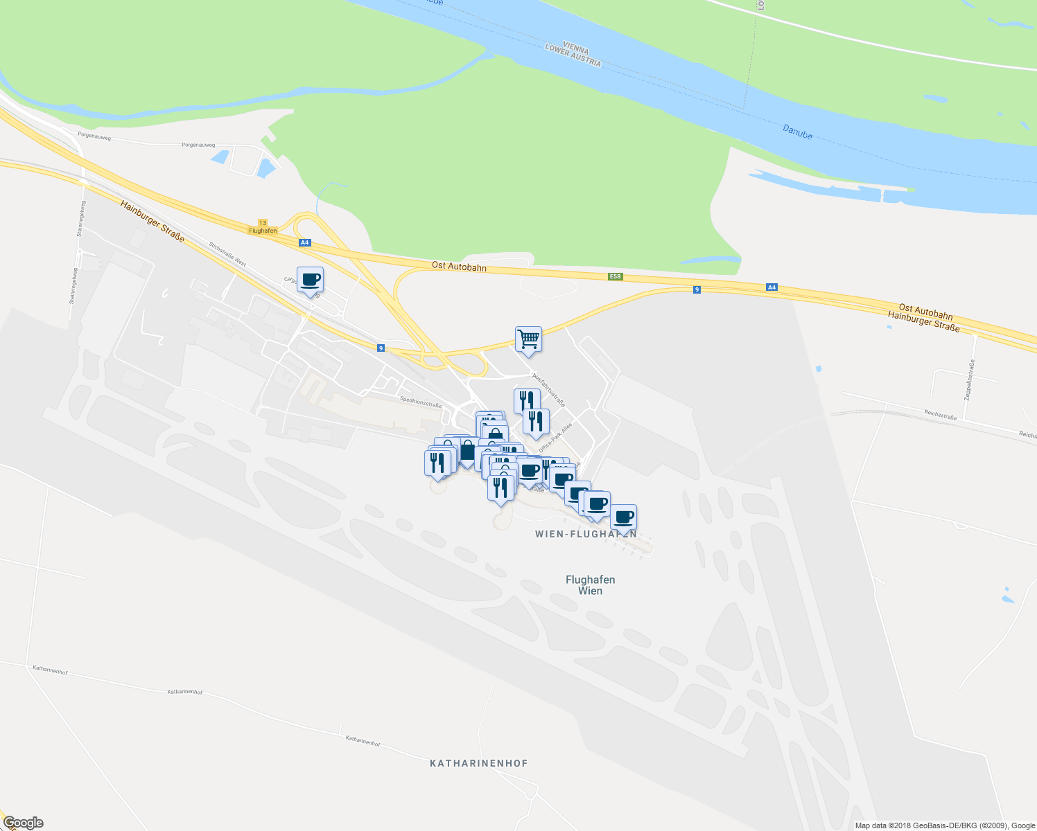 map of restaurants, bars, coffee shops, grocery stores, and more near Towerstraße in Schwechat