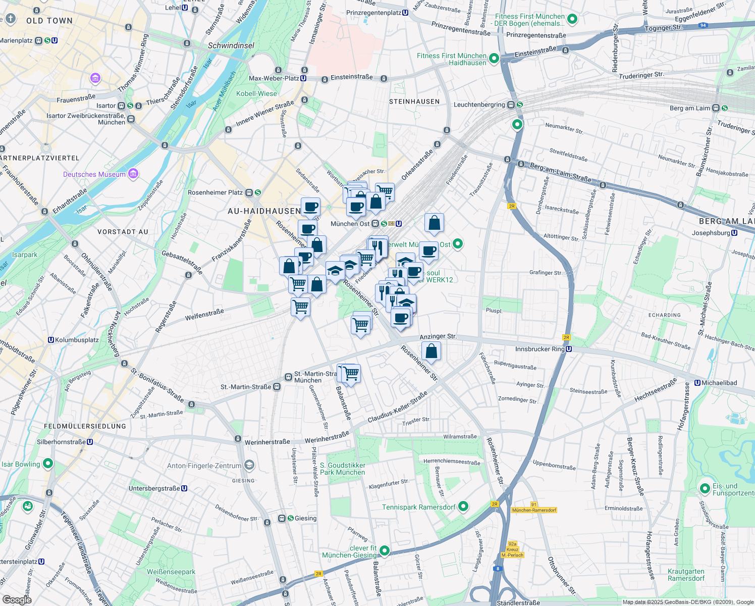 map of restaurants, bars, coffee shops, grocery stores, and more near 143 Rosenheimer Straße in München