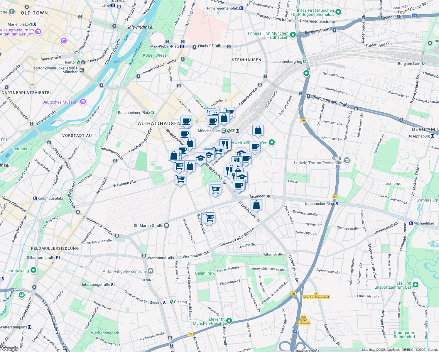 map of restaurants, bars, coffee shops, grocery stores, and more near Rosenheimer Straße in München