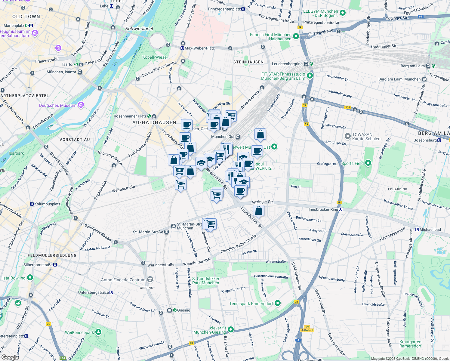 map of restaurants, bars, coffee shops, grocery stores, and more near 143 Rosenheimer Straße in München