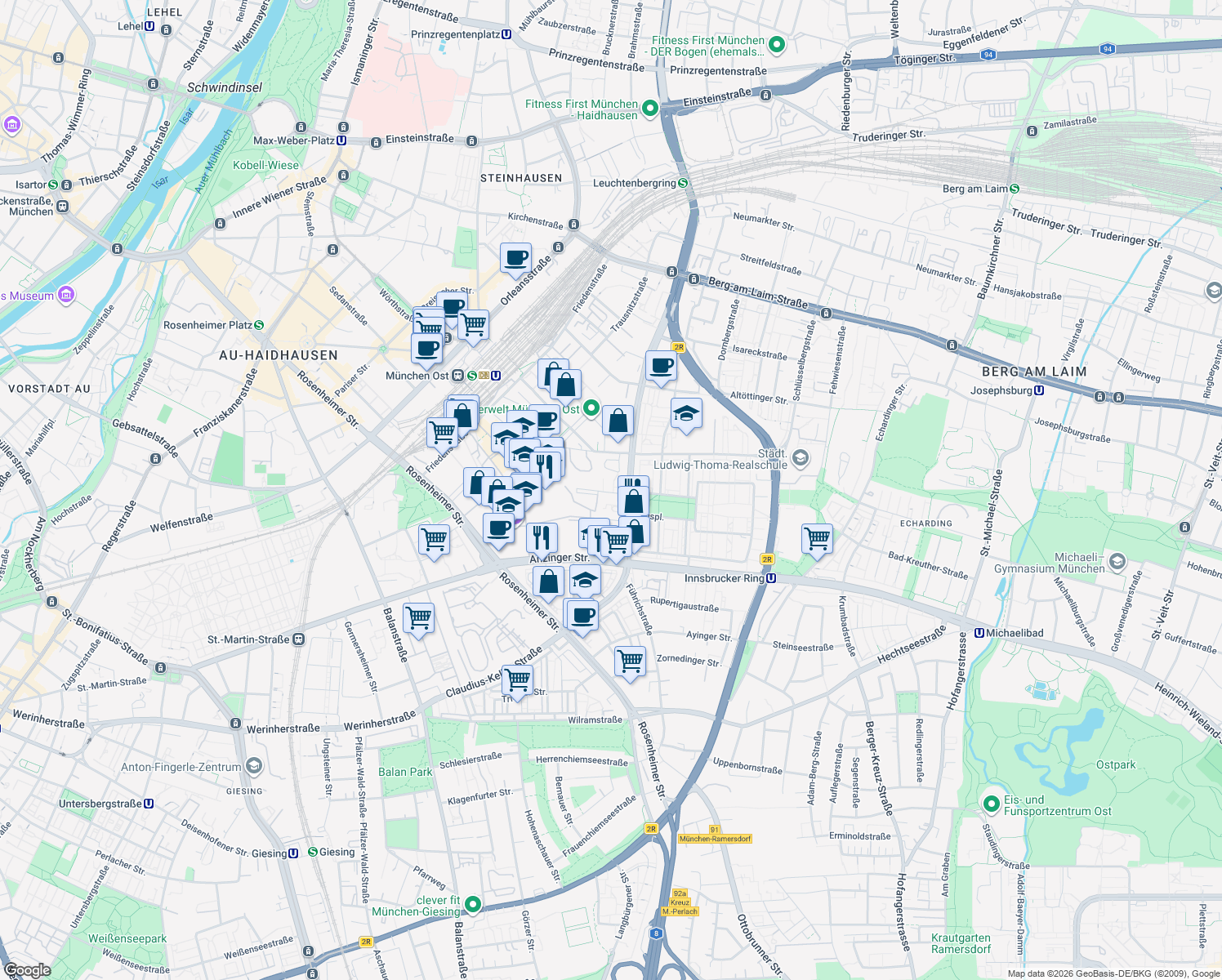 map of restaurants, bars, coffee shops, grocery stores, and more near in Munich