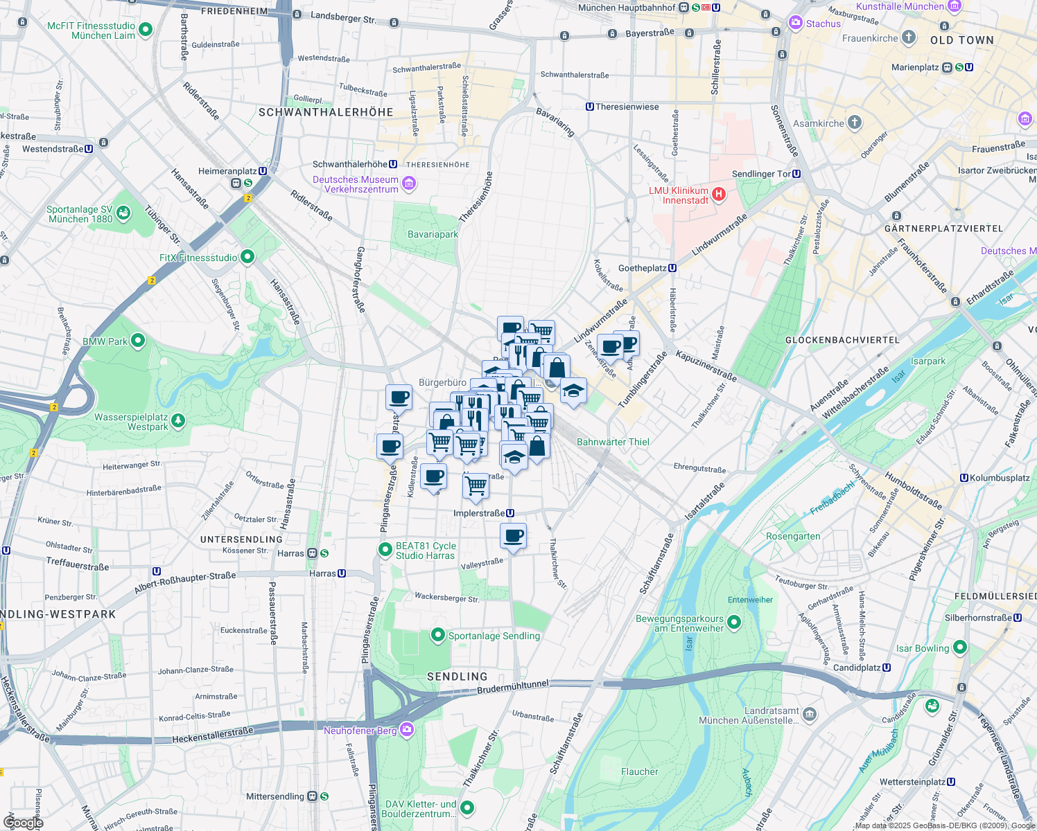 map of restaurants, bars, coffee shops, grocery stores, and more near 9 Implerstraße in München