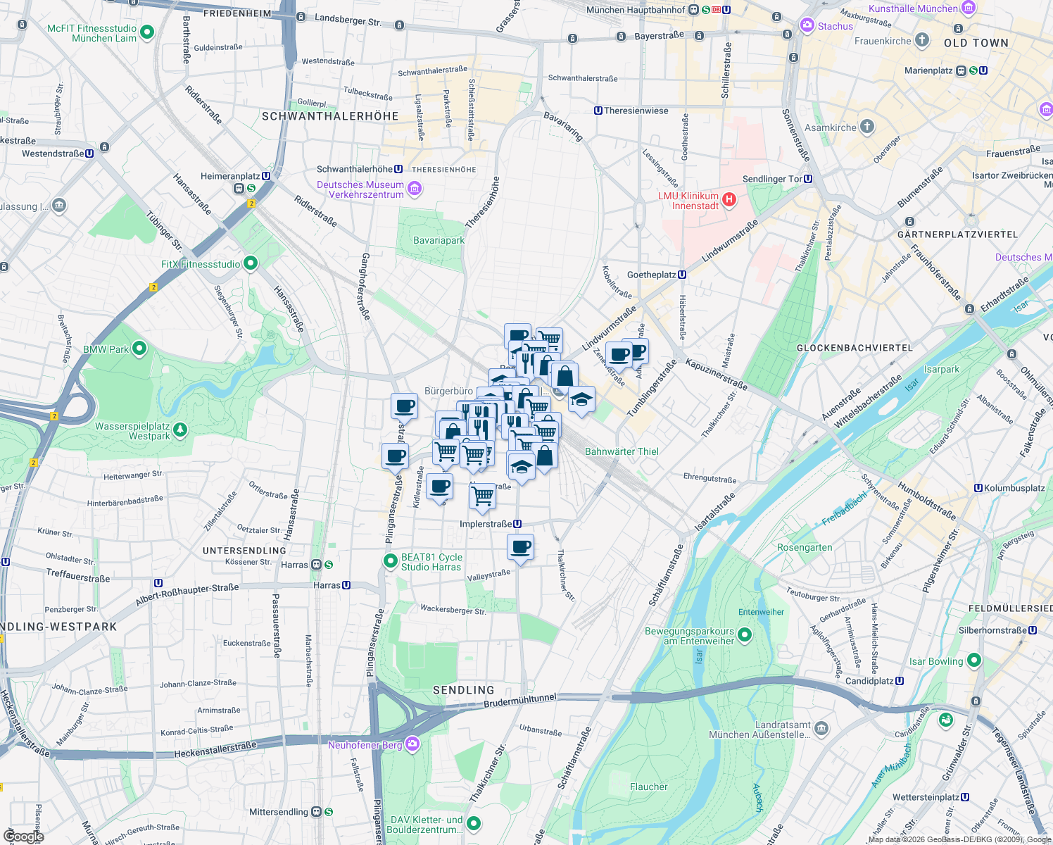 map of restaurants, bars, coffee shops, grocery stores, and more near 9 Implerstraße in München