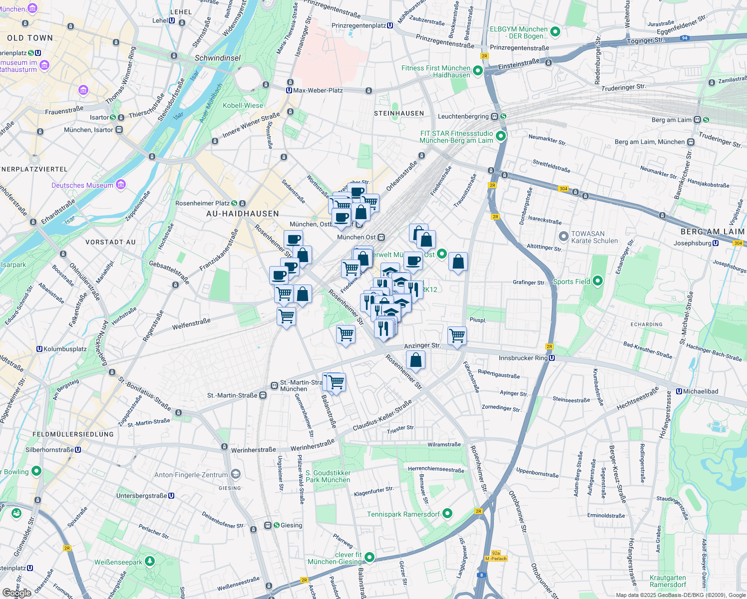 map of restaurants, bars, coffee shops, grocery stores, and more near 143 Rosenheimer Straße in München