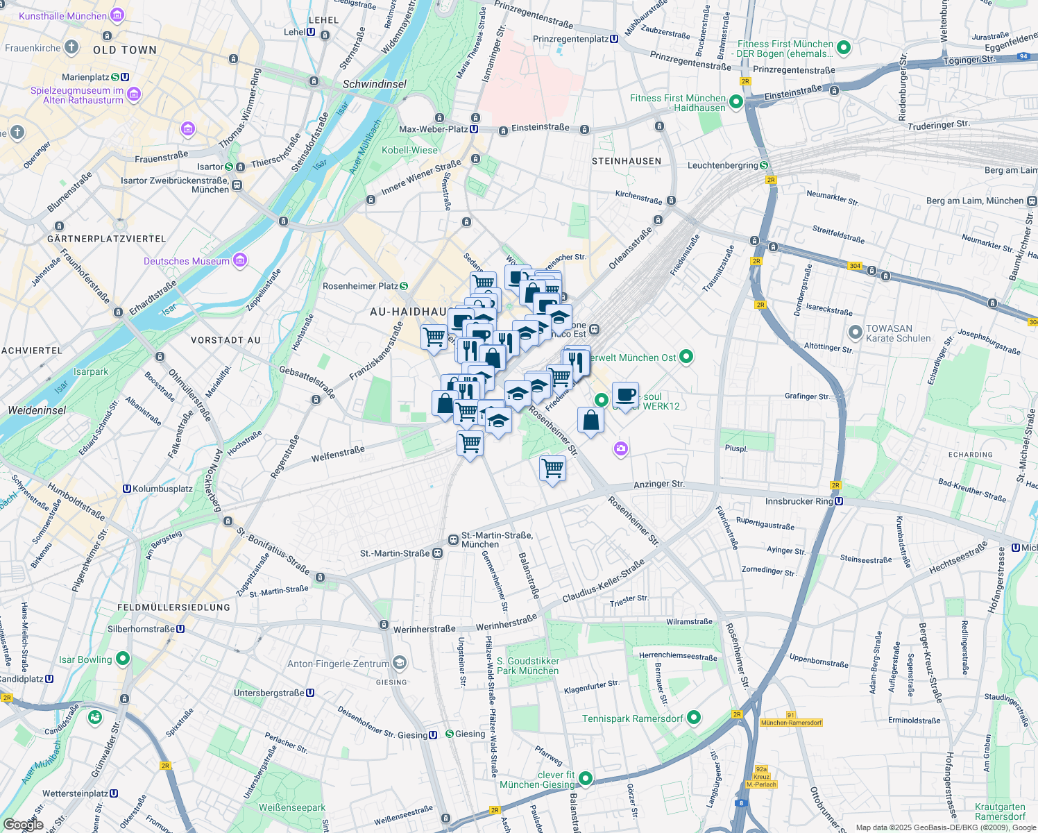 map of restaurants, bars, coffee shops, grocery stores, and more near 116 Rosenheimer Straße in München