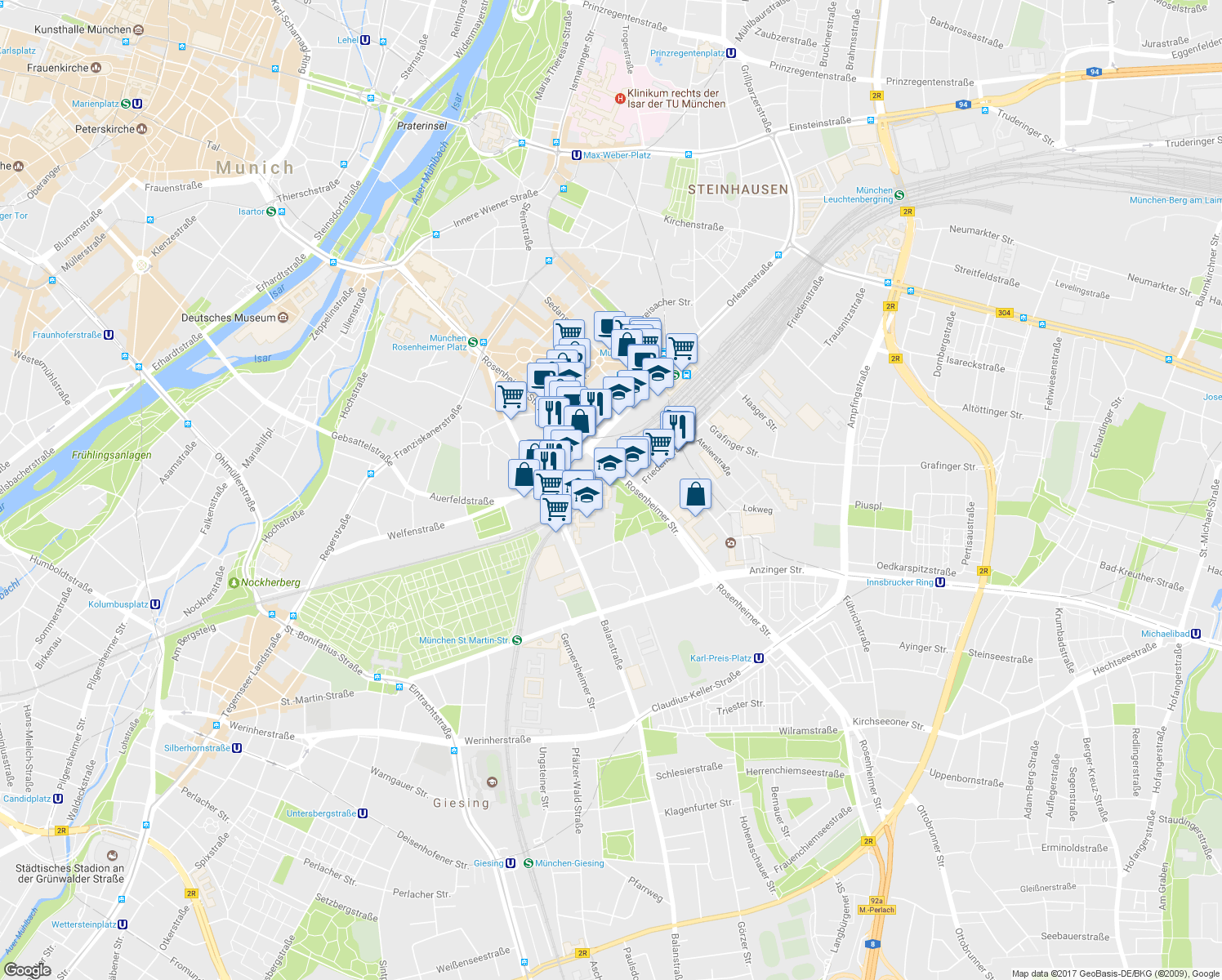 map of restaurants, bars, coffee shops, grocery stores, and more near 116 Rosenheimer Straße in München