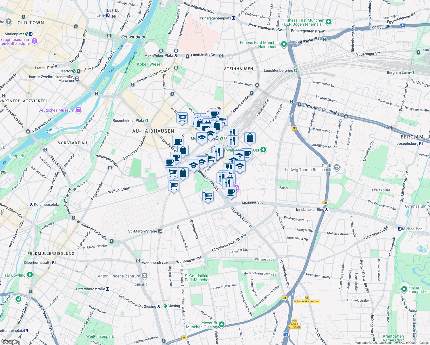 map of restaurants, bars, coffee shops, grocery stores, and more near 4 Friedenstraße in München