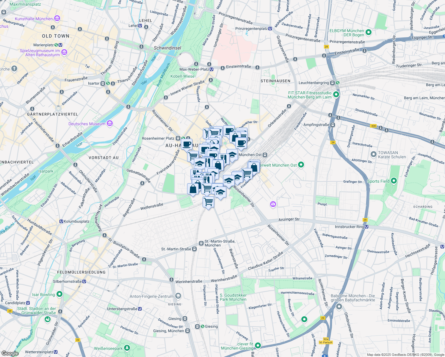 map of restaurants, bars, coffee shops, grocery stores, and more near 112 Rosenheimer Straße in München