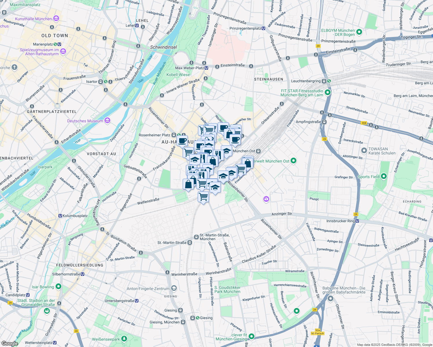 map of restaurants, bars, coffee shops, grocery stores, and more near 112 Rosenheimer Straße in München