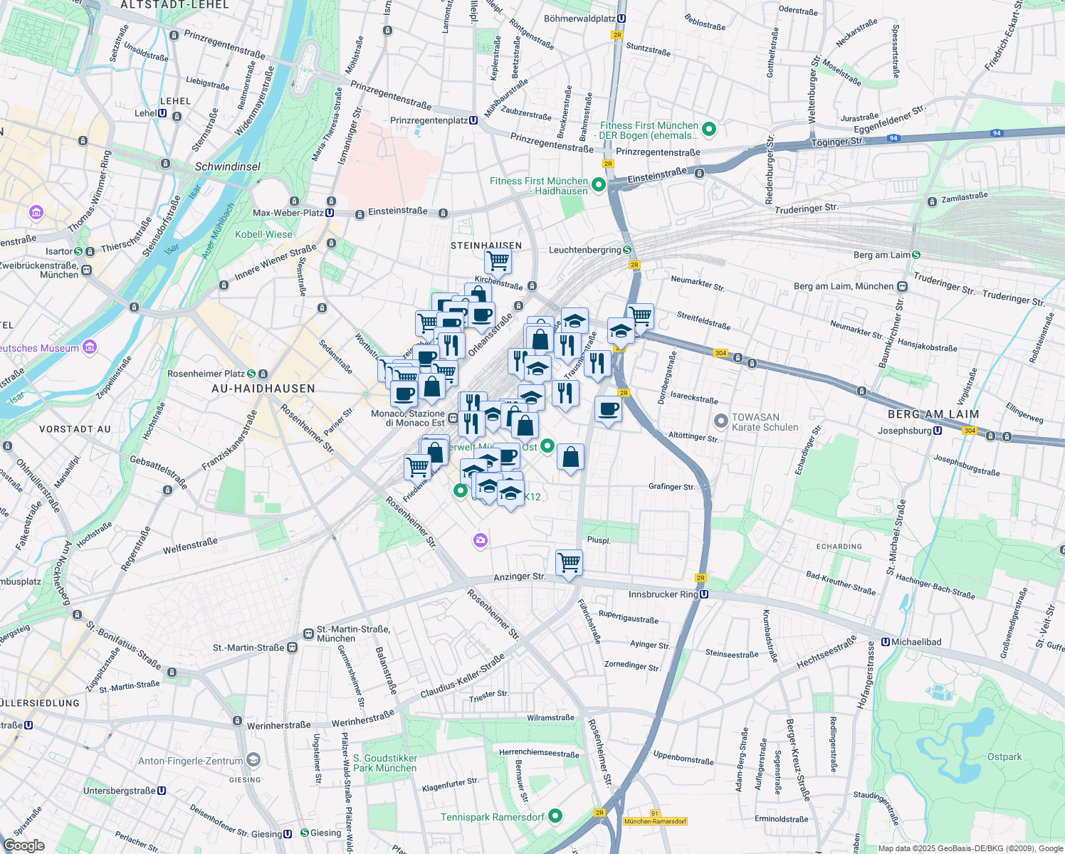 map of restaurants, bars, coffee shops, grocery stores, and more near 24 Friedenstraße in München