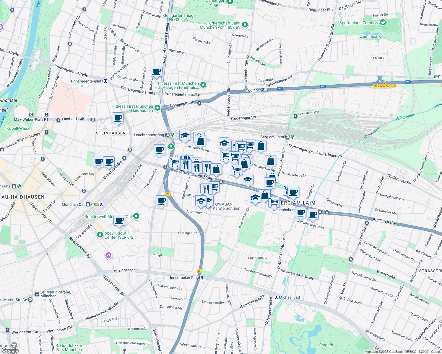 map of restaurants, bars, coffee shops, grocery stores, and more near 28 Weihenstephaner Straße in München