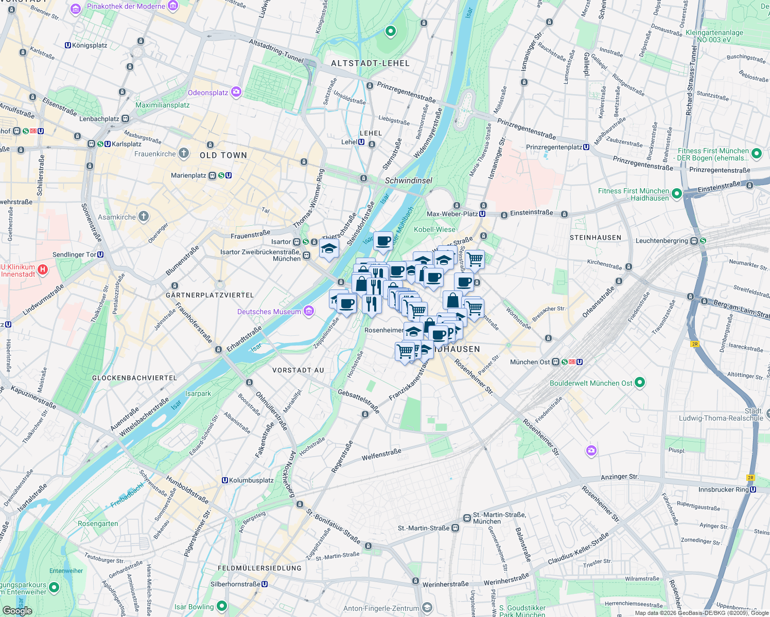 map of restaurants, bars, coffee shops, grocery stores, and more near 3 Hochstraße in München