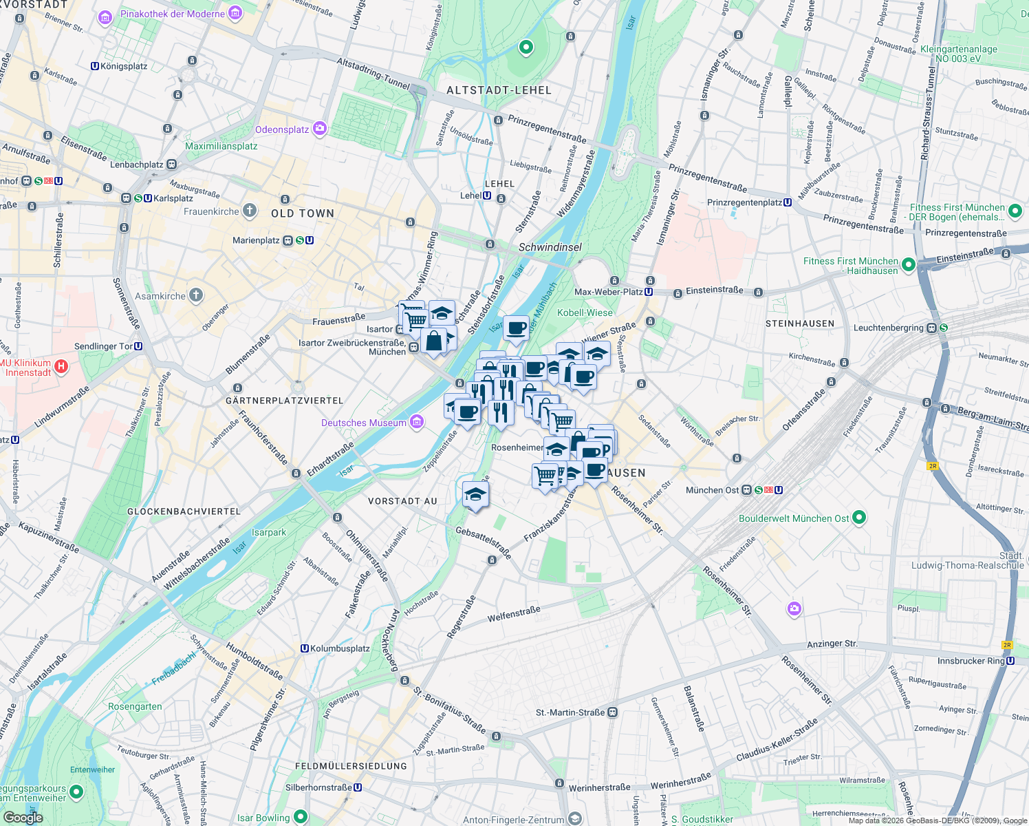 map of restaurants, bars, coffee shops, grocery stores, and more near 3 Hochstraße in München