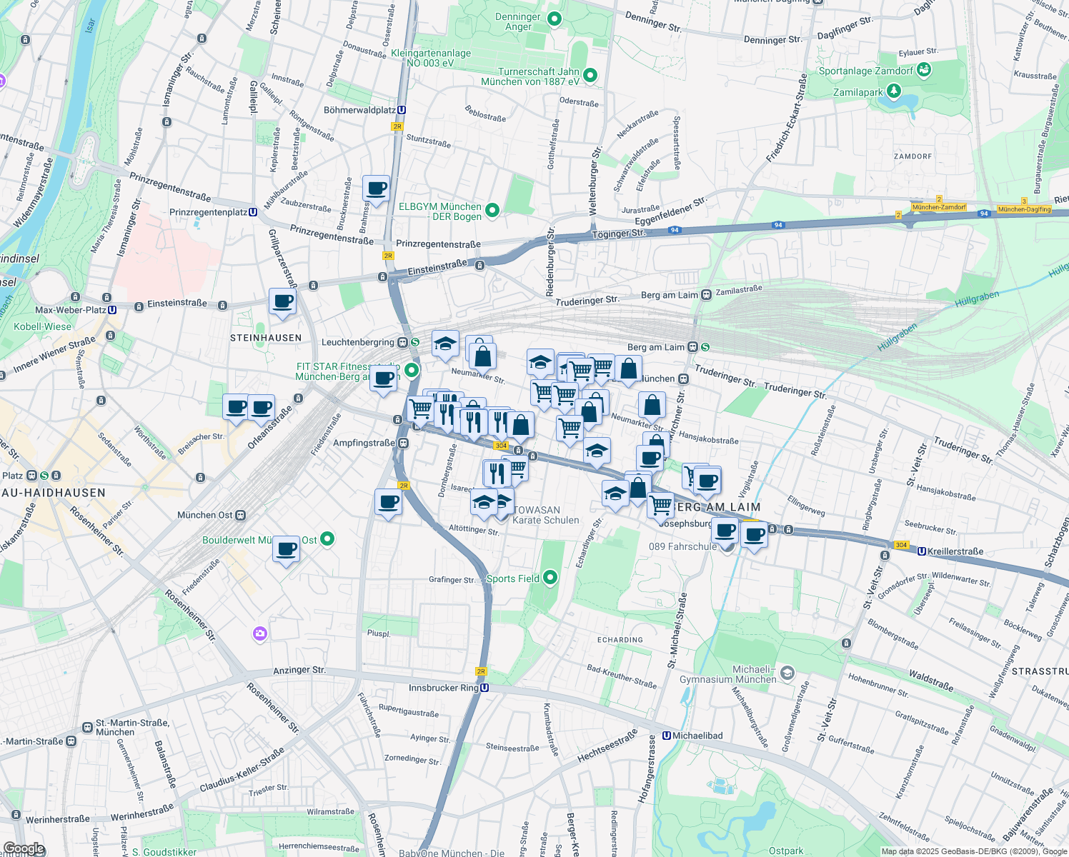 map of restaurants, bars, coffee shops, grocery stores, and more near 28 Weihenstephaner Straße in München