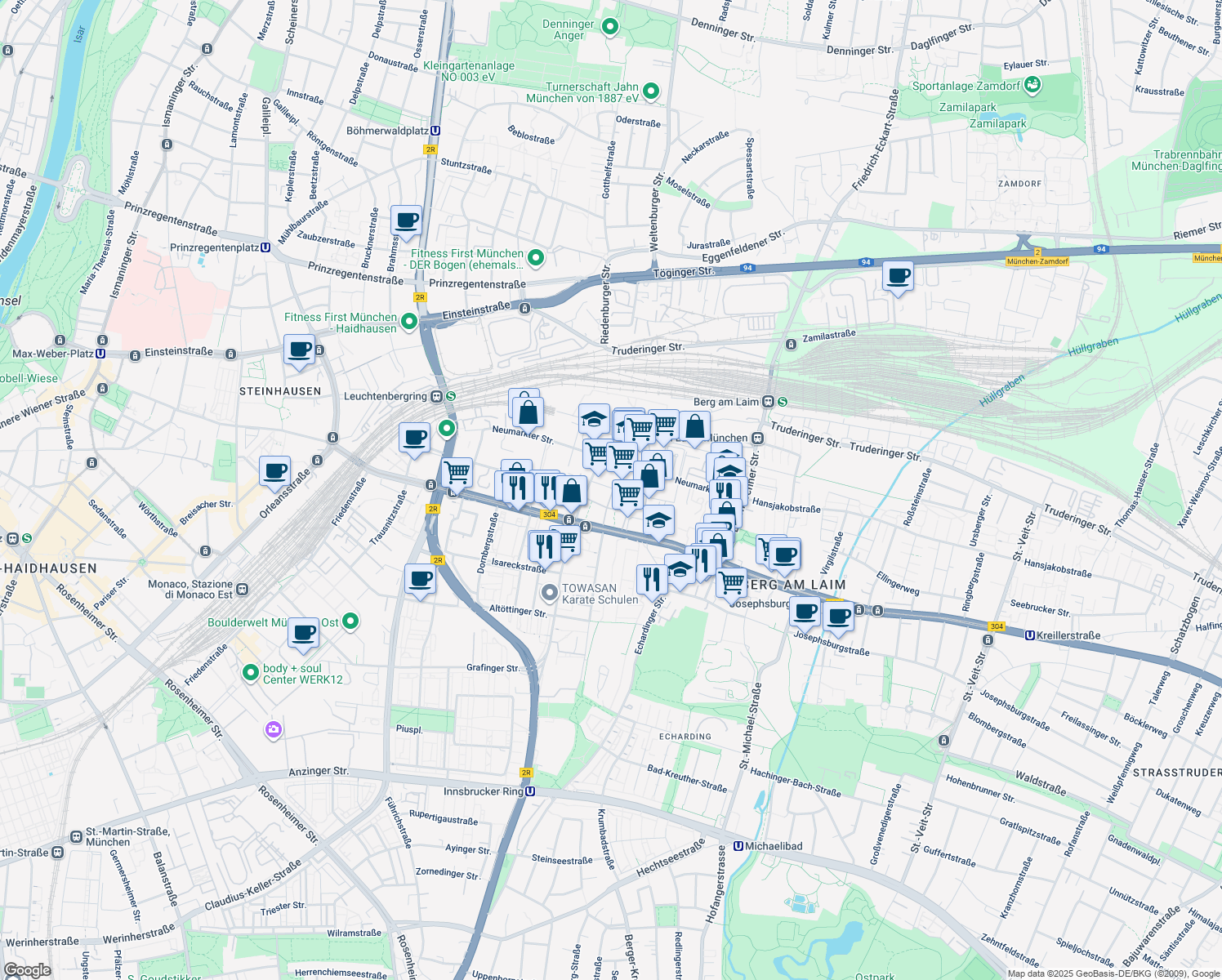 map of restaurants, bars, coffee shops, grocery stores, and more near 2 Levelingstraße in München