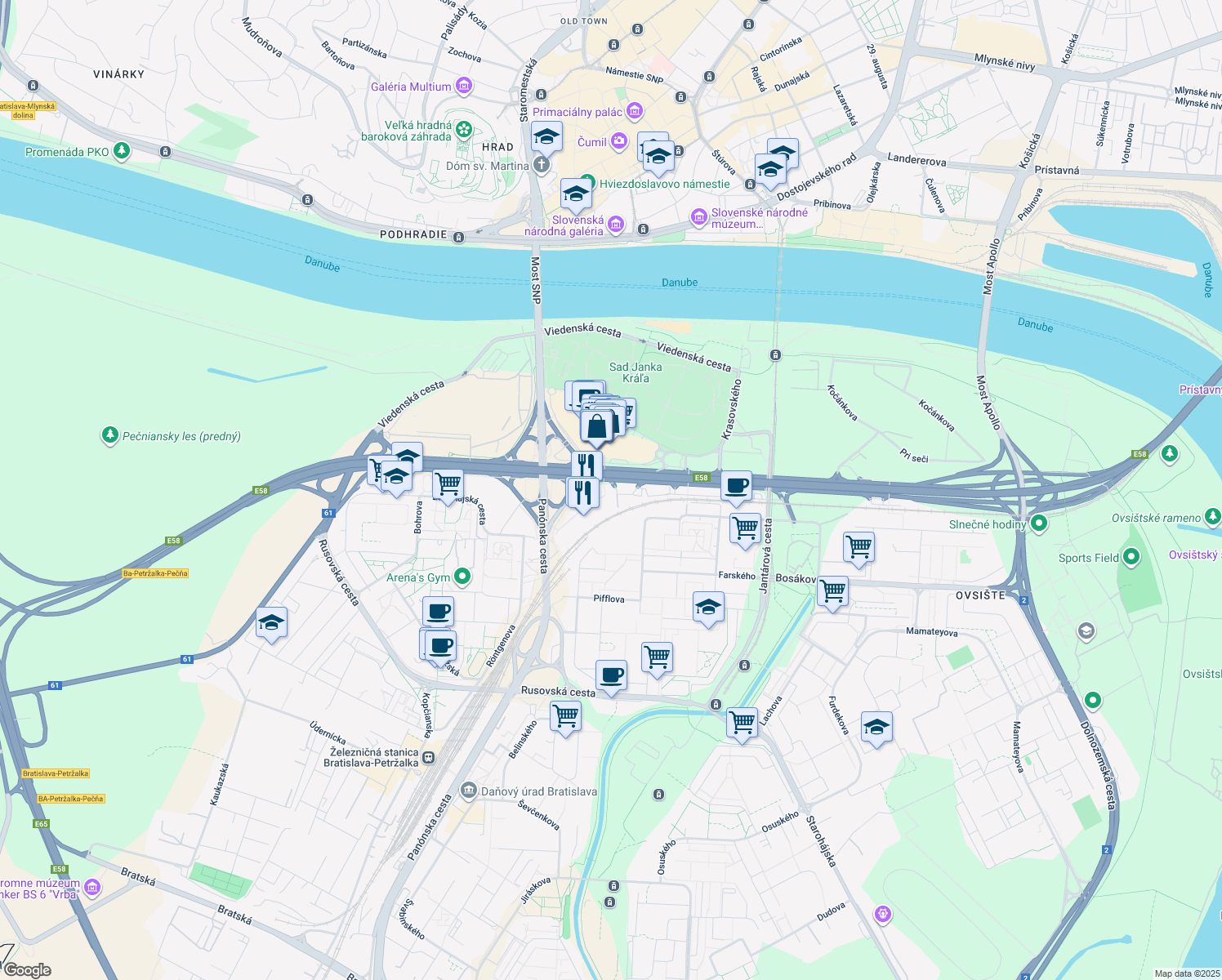 map of restaurants, bars, coffee shops, grocery stores, and more near 19 Einsteinova in Bratislava