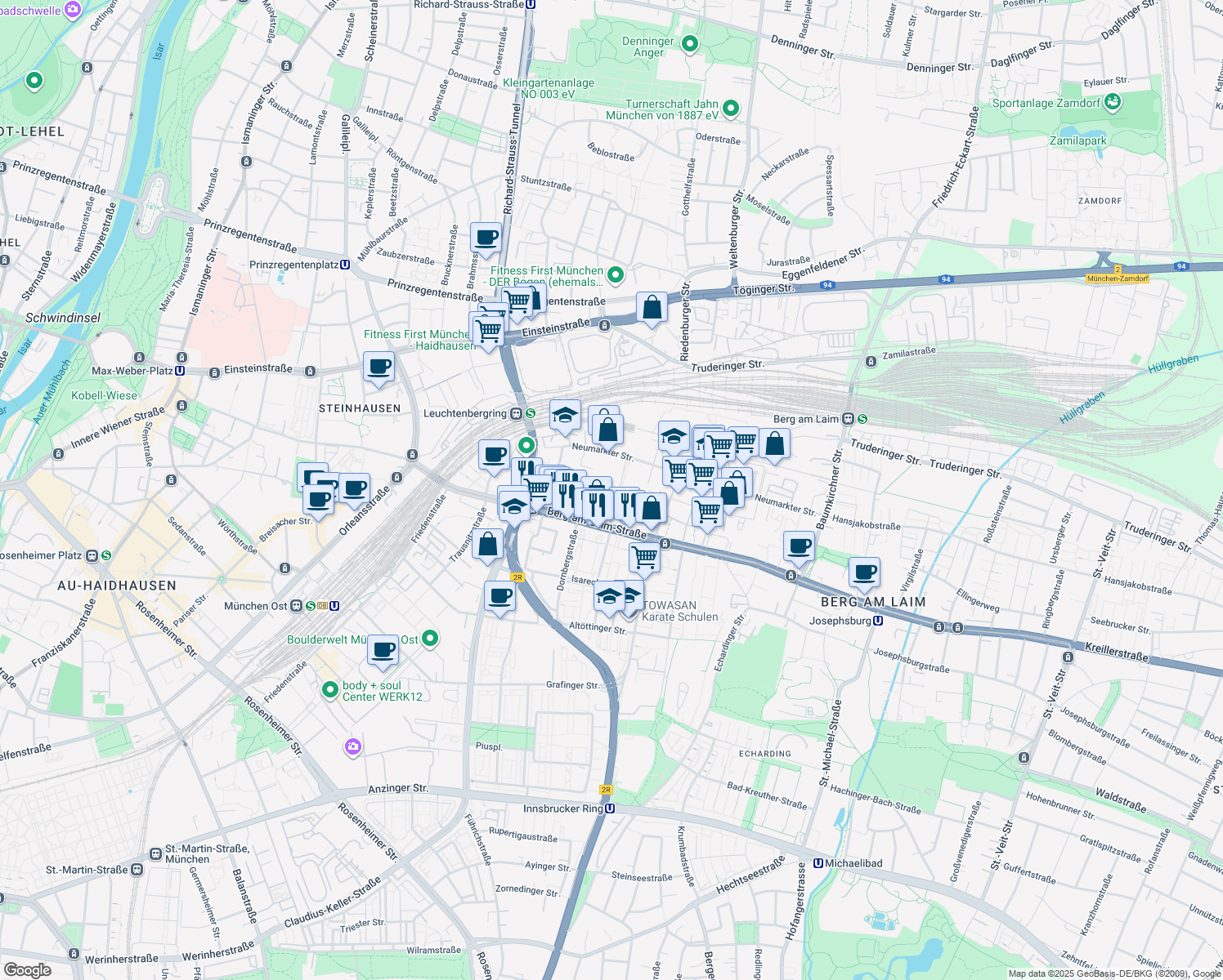 map of restaurants, bars, coffee shops, grocery stores, and more near 25 Streitfeldstraße in München