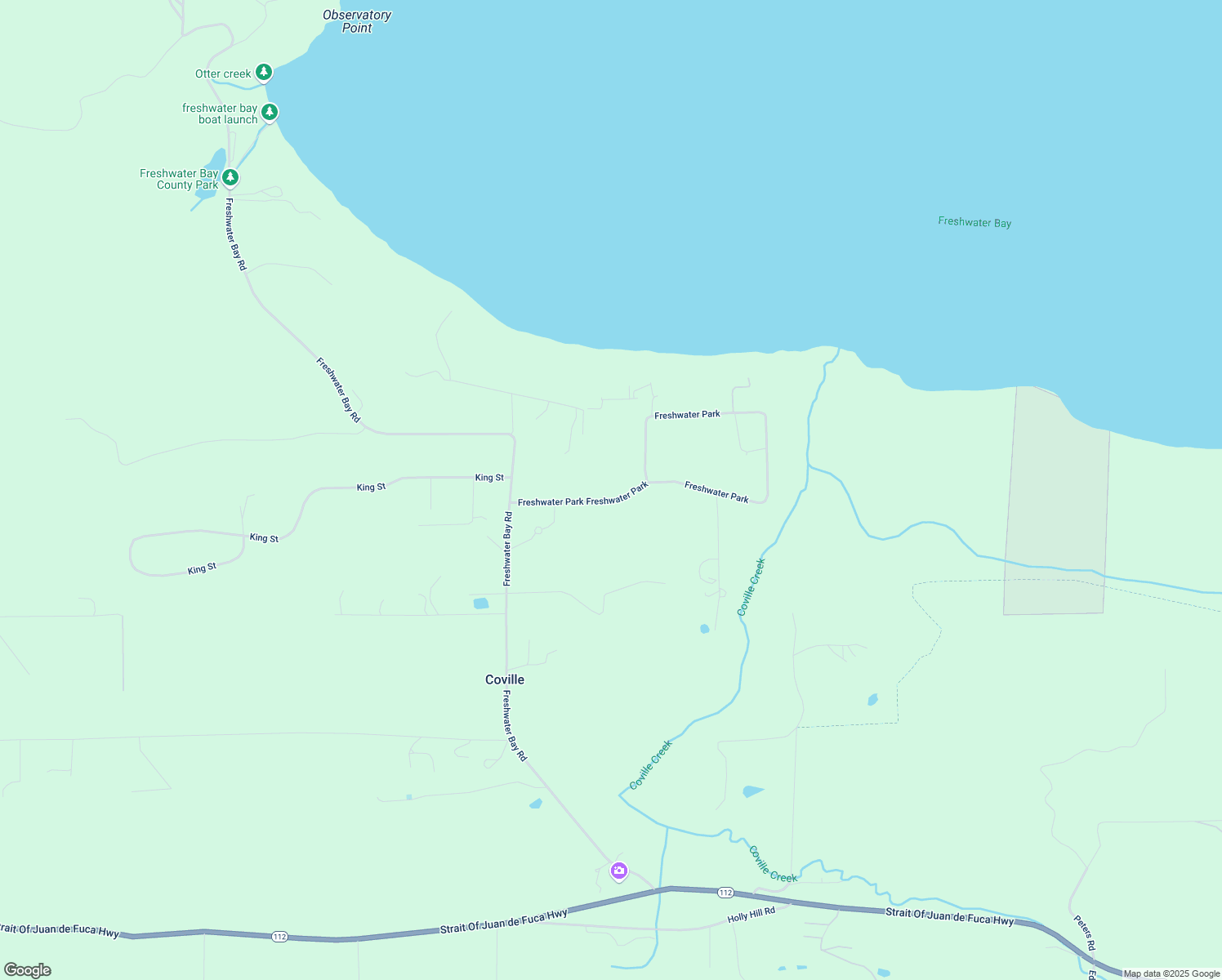 map of restaurants, bars, coffee shops, grocery stores, and more near 223 Freshwater Park in Port Angeles