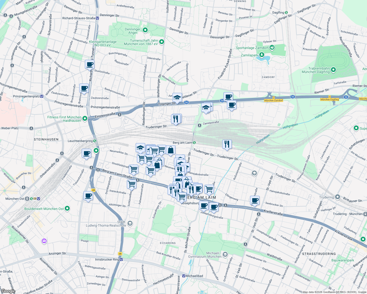 map of restaurants, bars, coffee shops, grocery stores, and more near 71 Hermann-Weinhauser-Straße in München