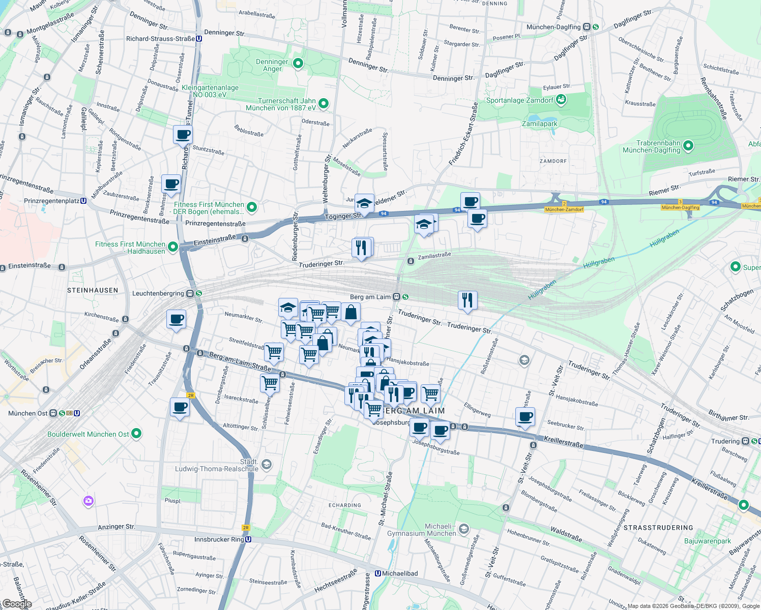 map of restaurants, bars, coffee shops, grocery stores, and more near 71 Hermann-Weinhauser-Straße in München