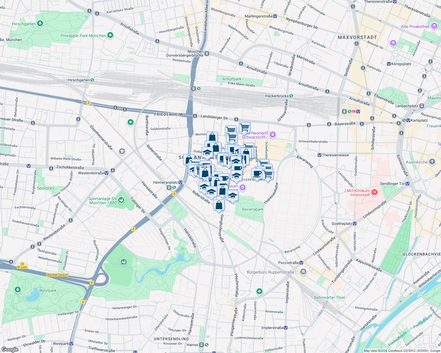 map of restaurants, bars, coffee shops, grocery stores, and more near  in München