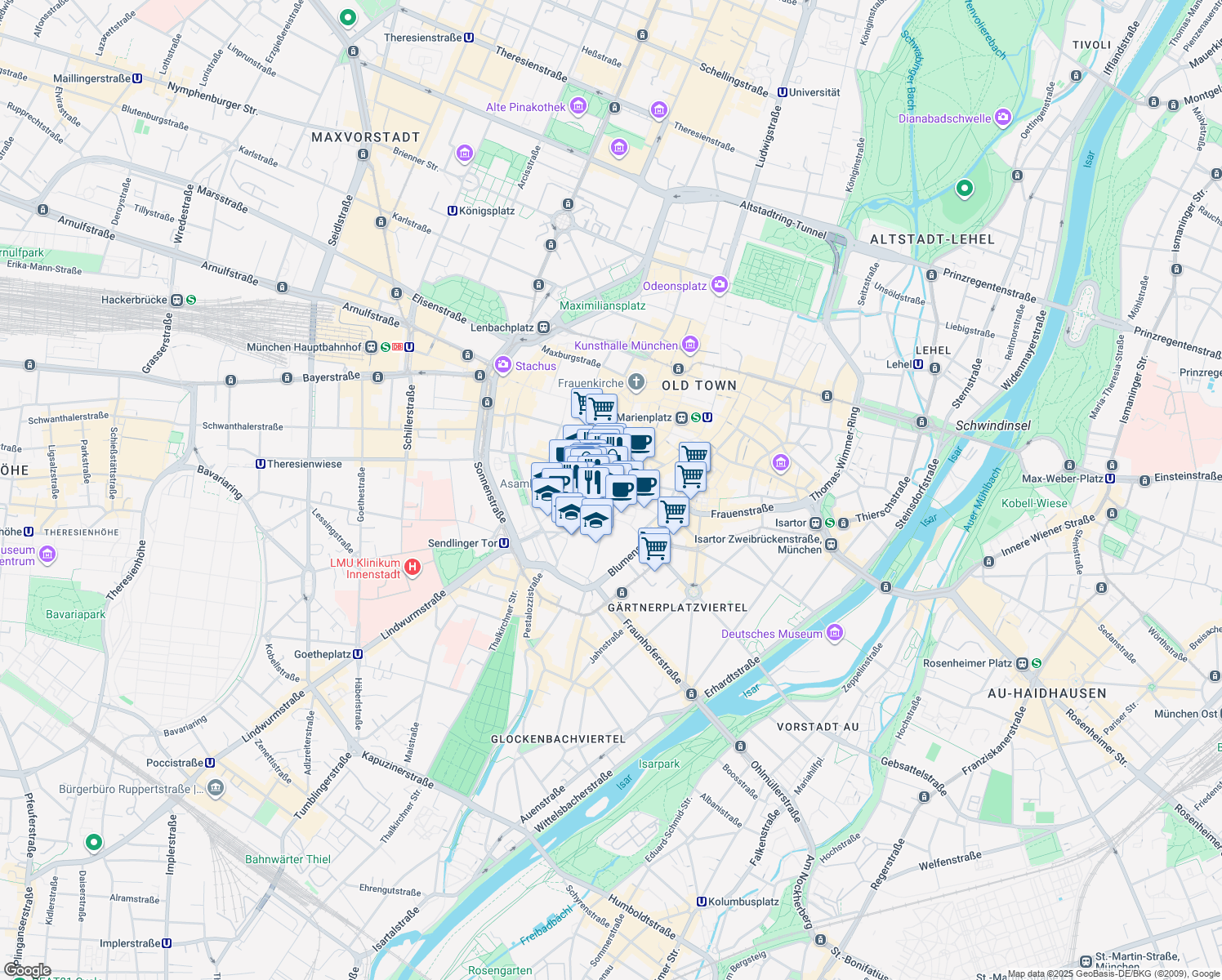 map of restaurants, bars, coffee shops, grocery stores, and more near 16 Oberanger in München