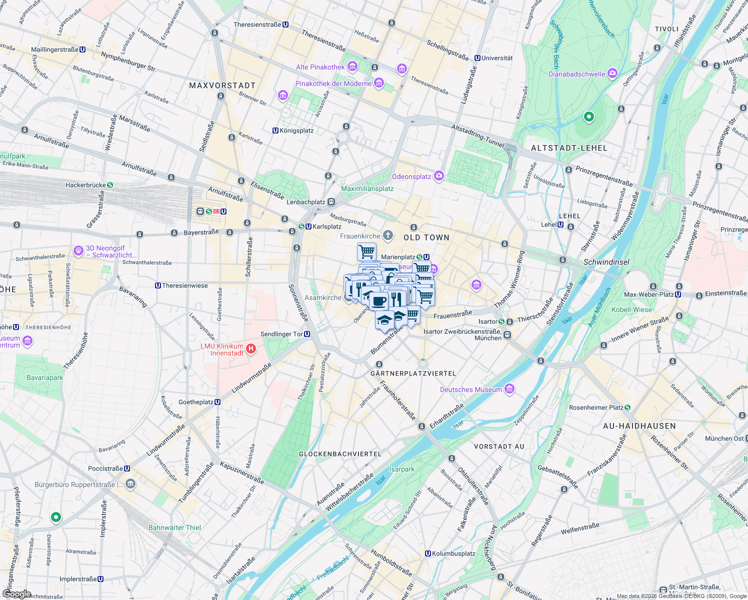 map of restaurants, bars, coffee shops, grocery stores, and more near 16 Oberanger in München