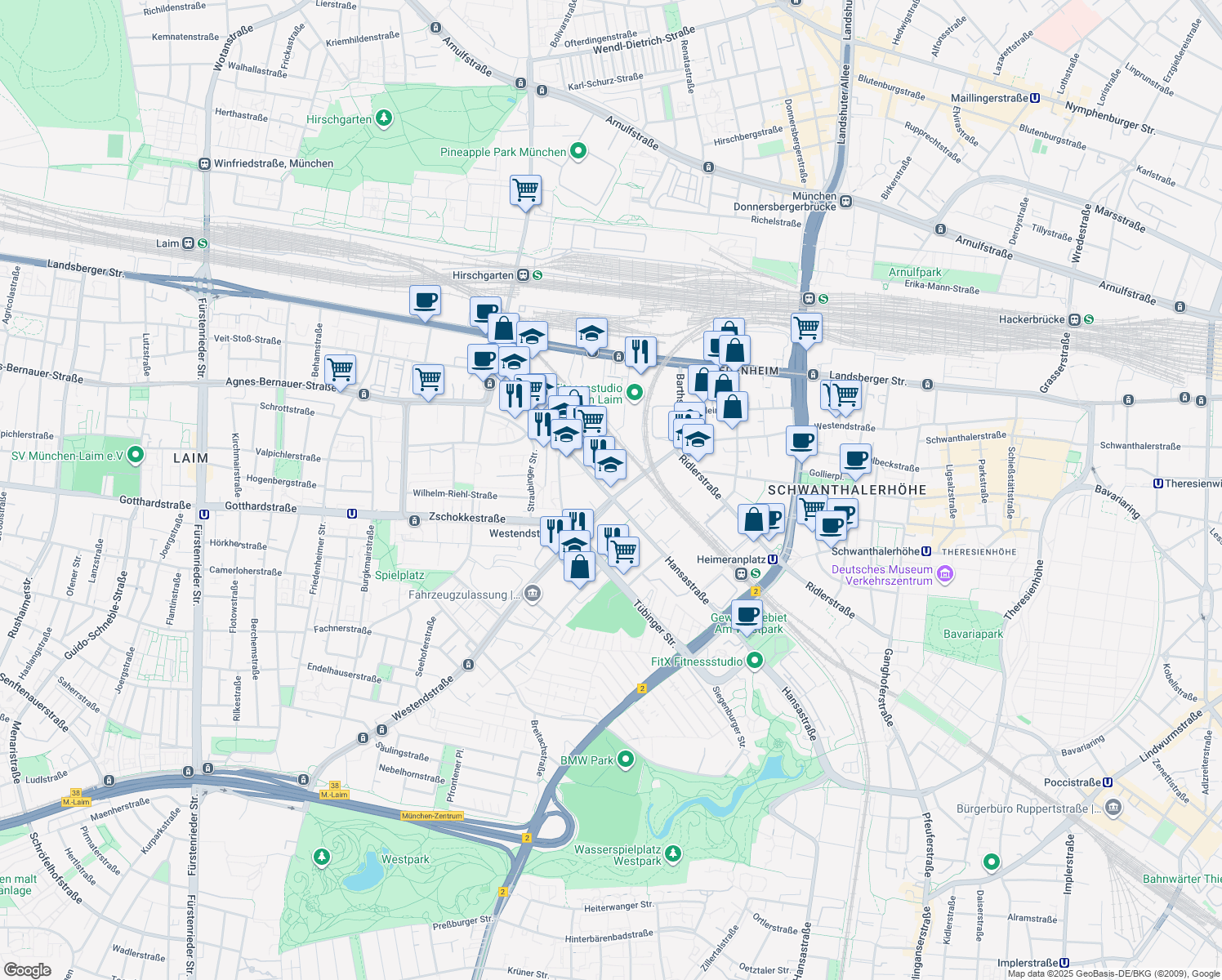 map of restaurants, bars, coffee shops, grocery stores, and more near 61 Elsenheimerstraße in München