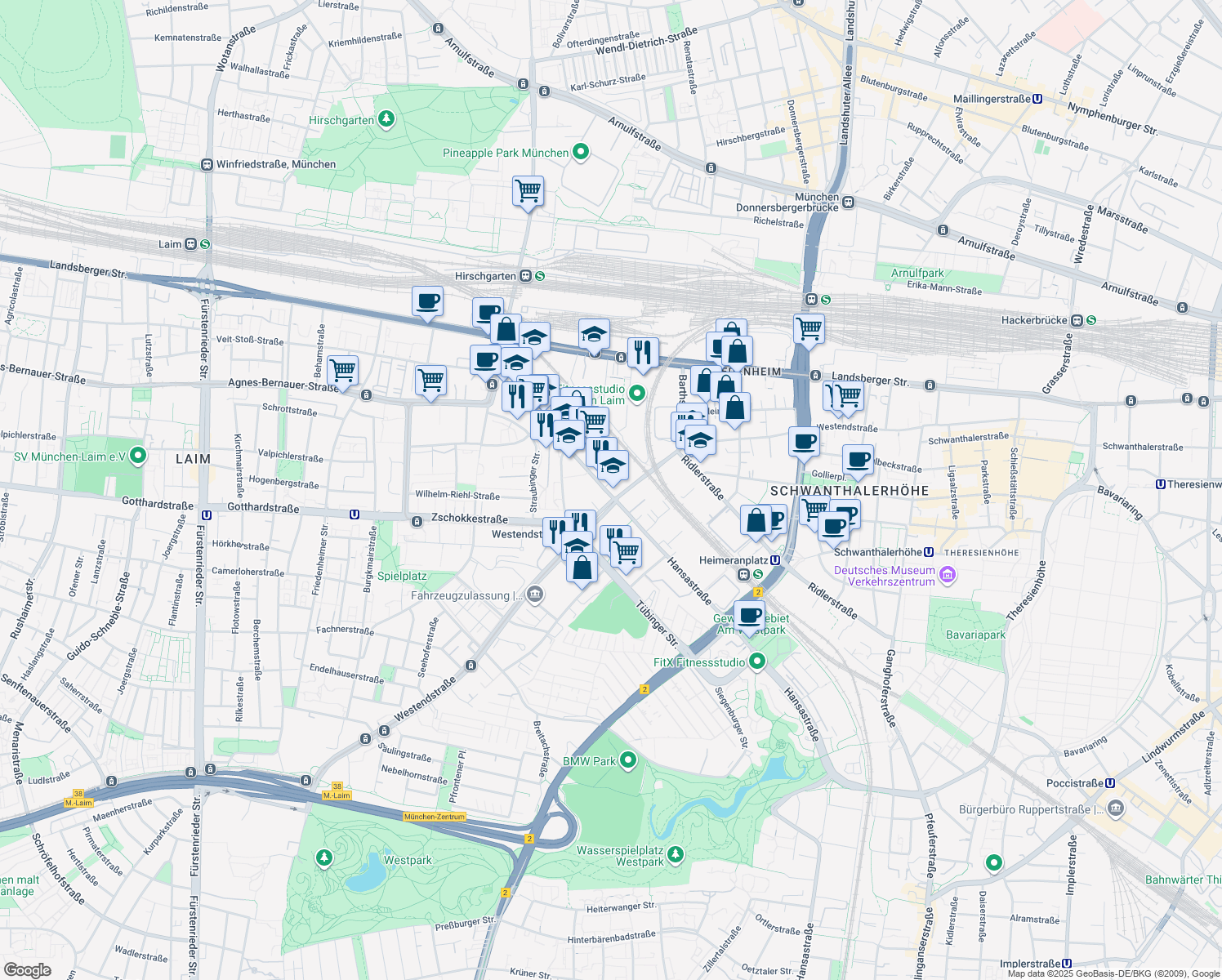 map of restaurants, bars, coffee shops, grocery stores, and more near 61 Elsenheimerstraße in München