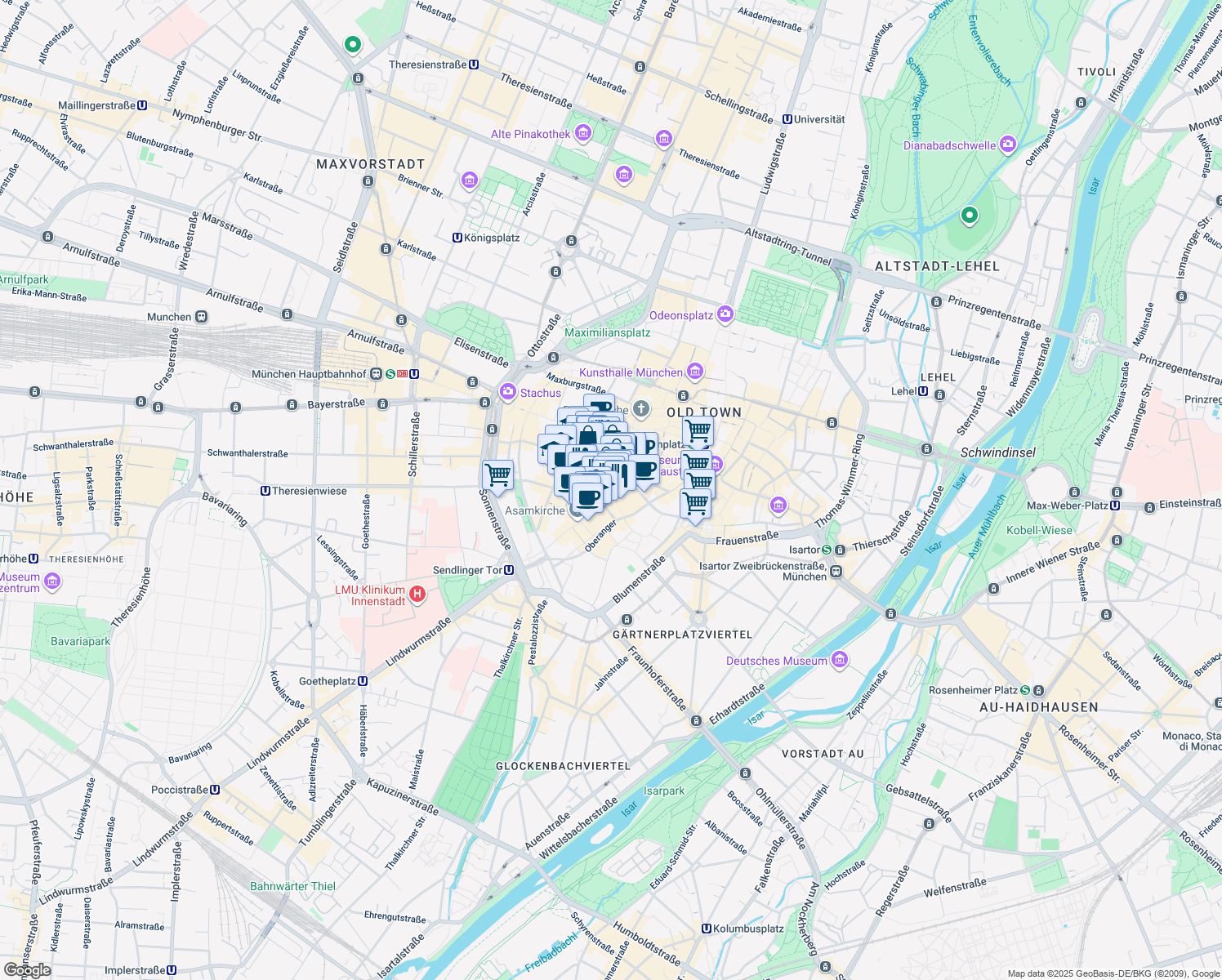 map of restaurants, bars, coffee shops, grocery stores, and more near 10 Sendlinger Straße in München