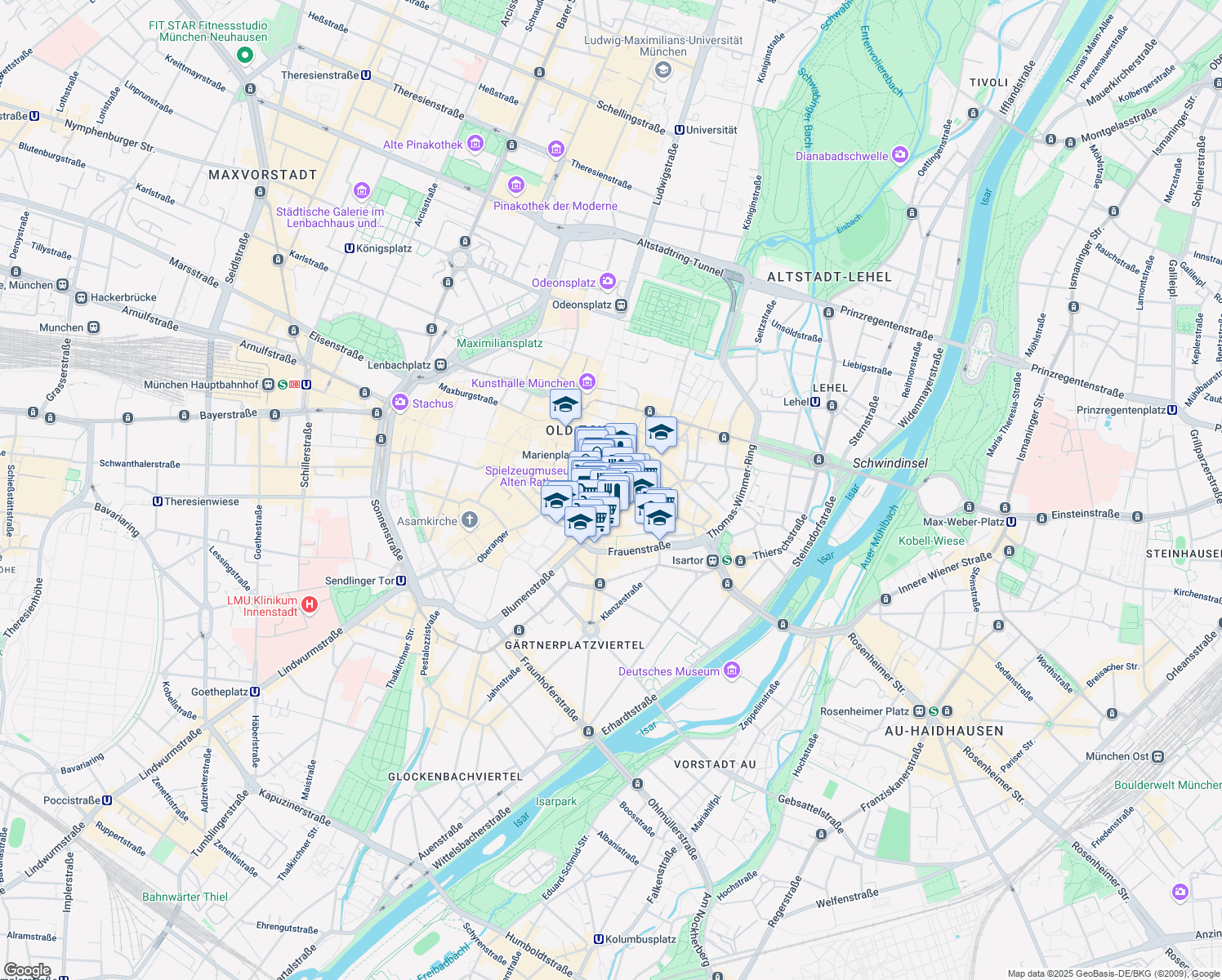 map of restaurants, bars, coffee shops, grocery stores, and more near in Munich