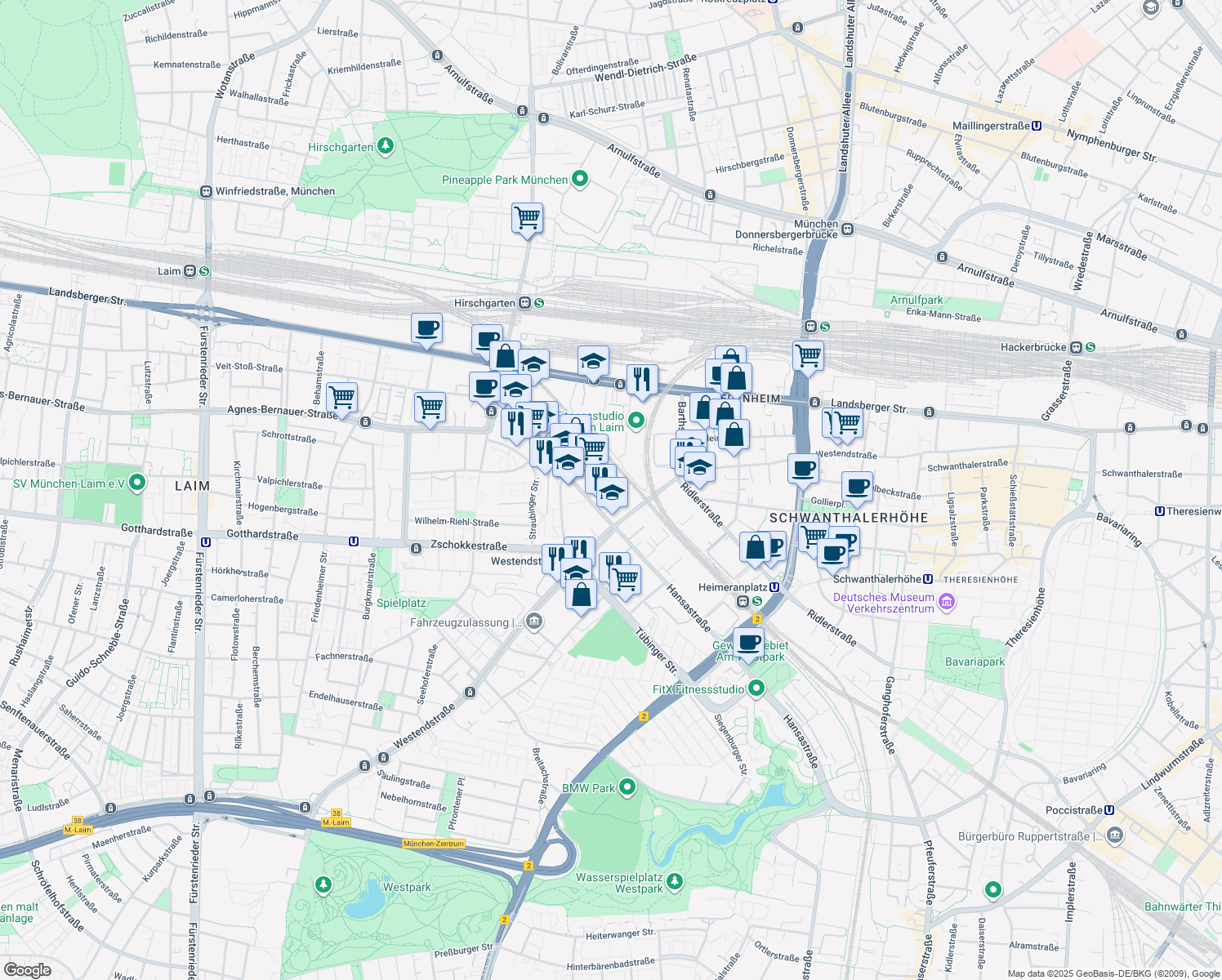 map of restaurants, bars, coffee shops, grocery stores, and more near 65 Elsenheimerstraße in München