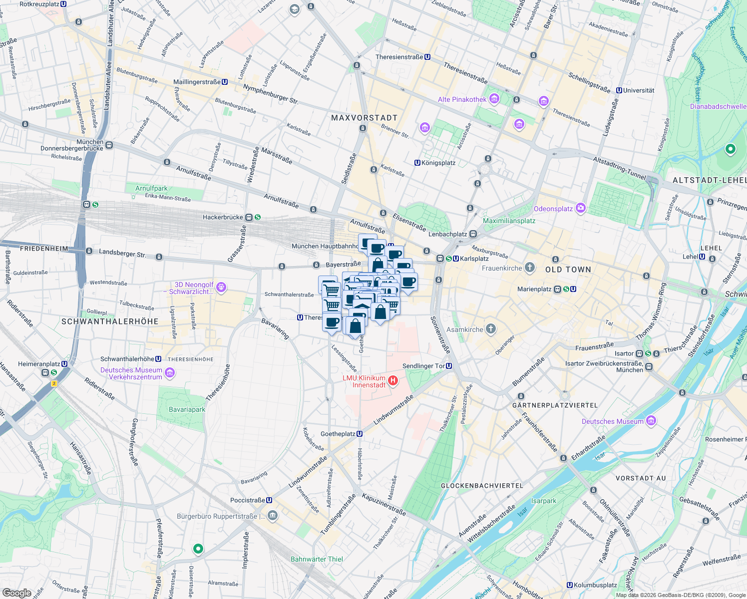 map of restaurants, bars, coffee shops, grocery stores, and more near 35 Schwanthalerstraße in München