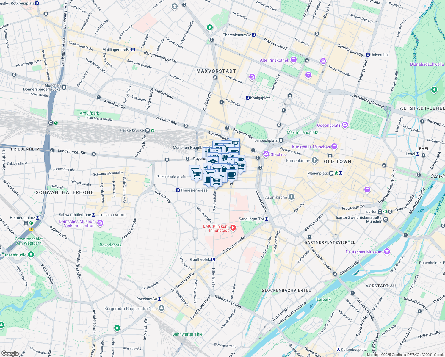 map of restaurants, bars, coffee shops, grocery stores, and more near 35 Schwanthalerstraße in München